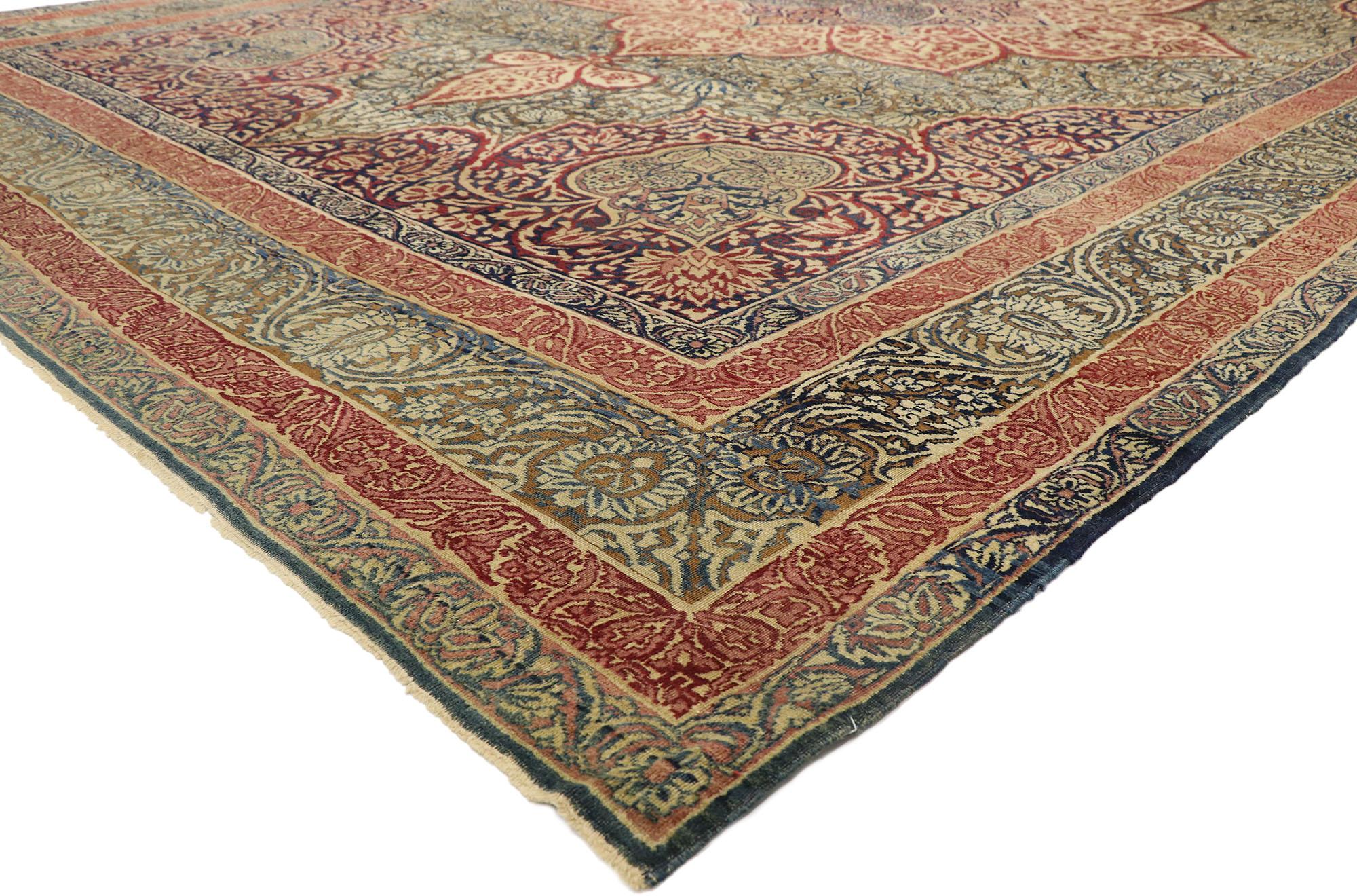 73364, antique Persian Kermanshah rug with William Morris Arts & Crafts style. The architectural elements of naturalistic forms combined with Arts & Crafts style, this hand knotted wool antique Persian Kermanshah rug astounds with its beauty and