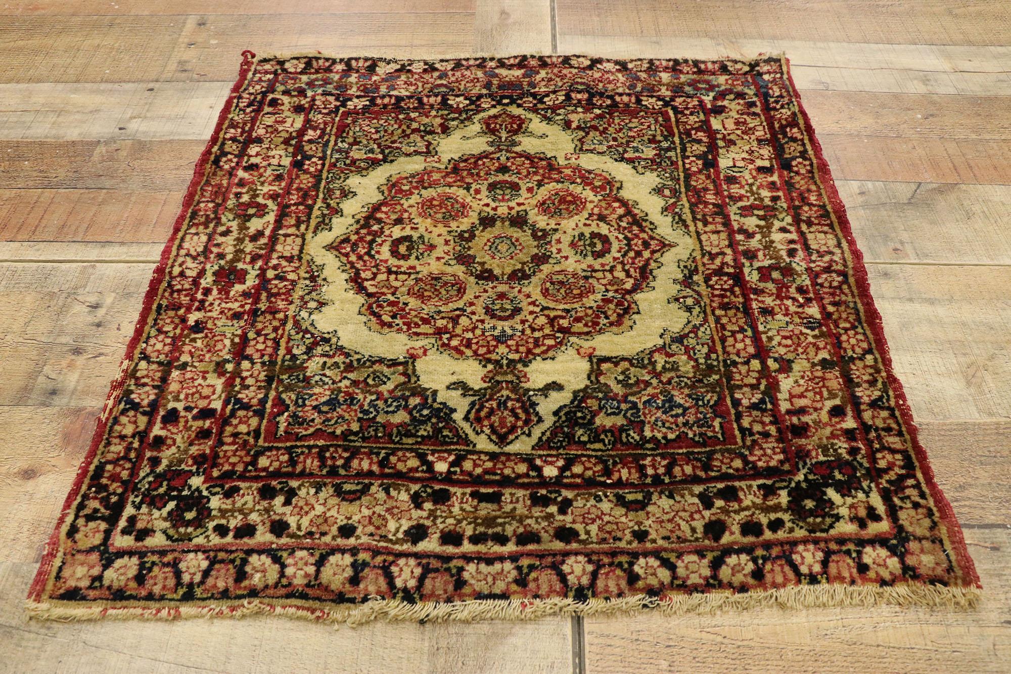 Antique Persian Kermanshah Scatter Rug with Old World Victorian Style In Distressed Condition For Sale In Dallas, TX