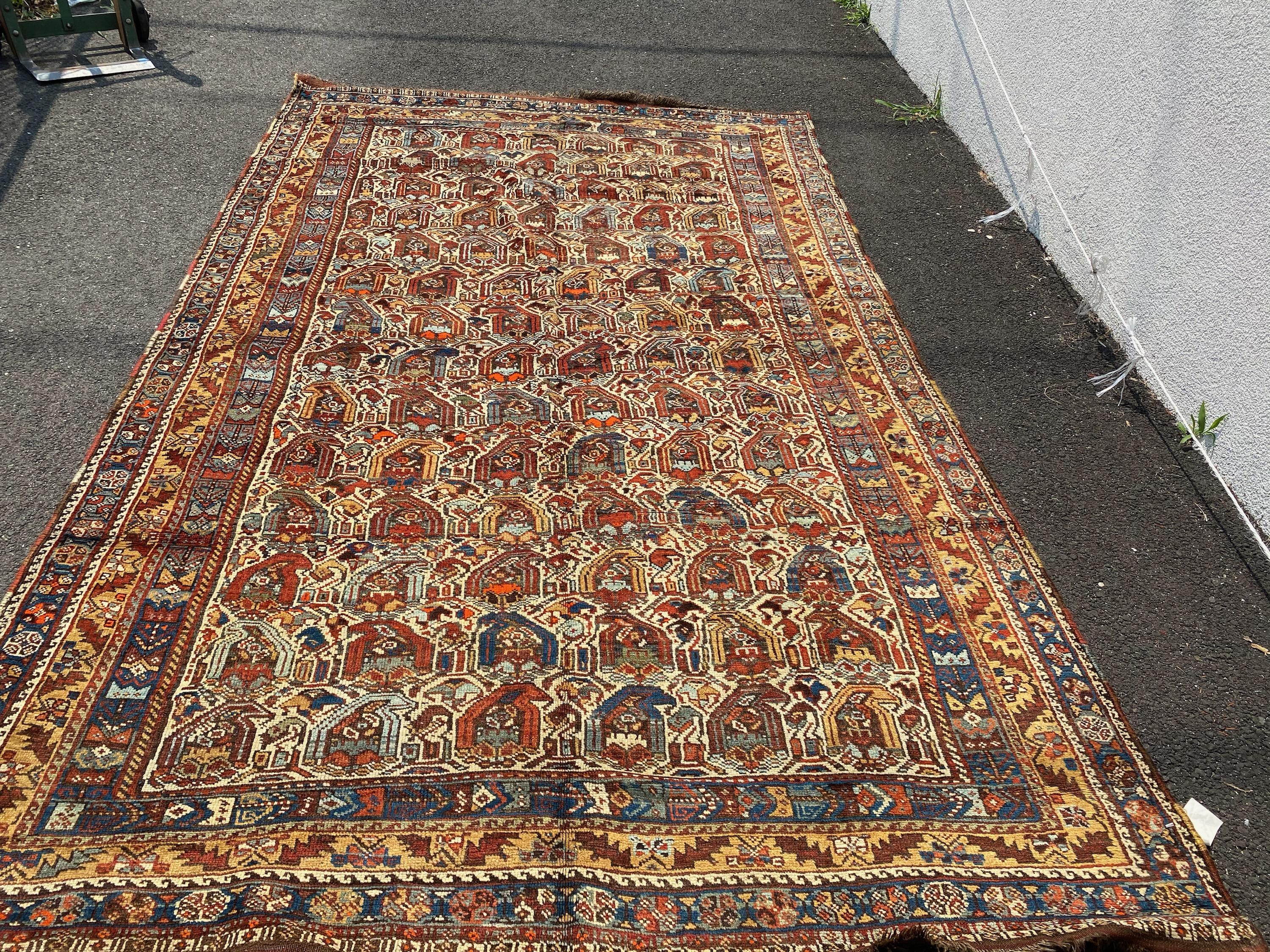 Hand-Knotted Antique Persian Khamseh Paisley Geometric Rug 5.5 x 8.10 ft For Sale