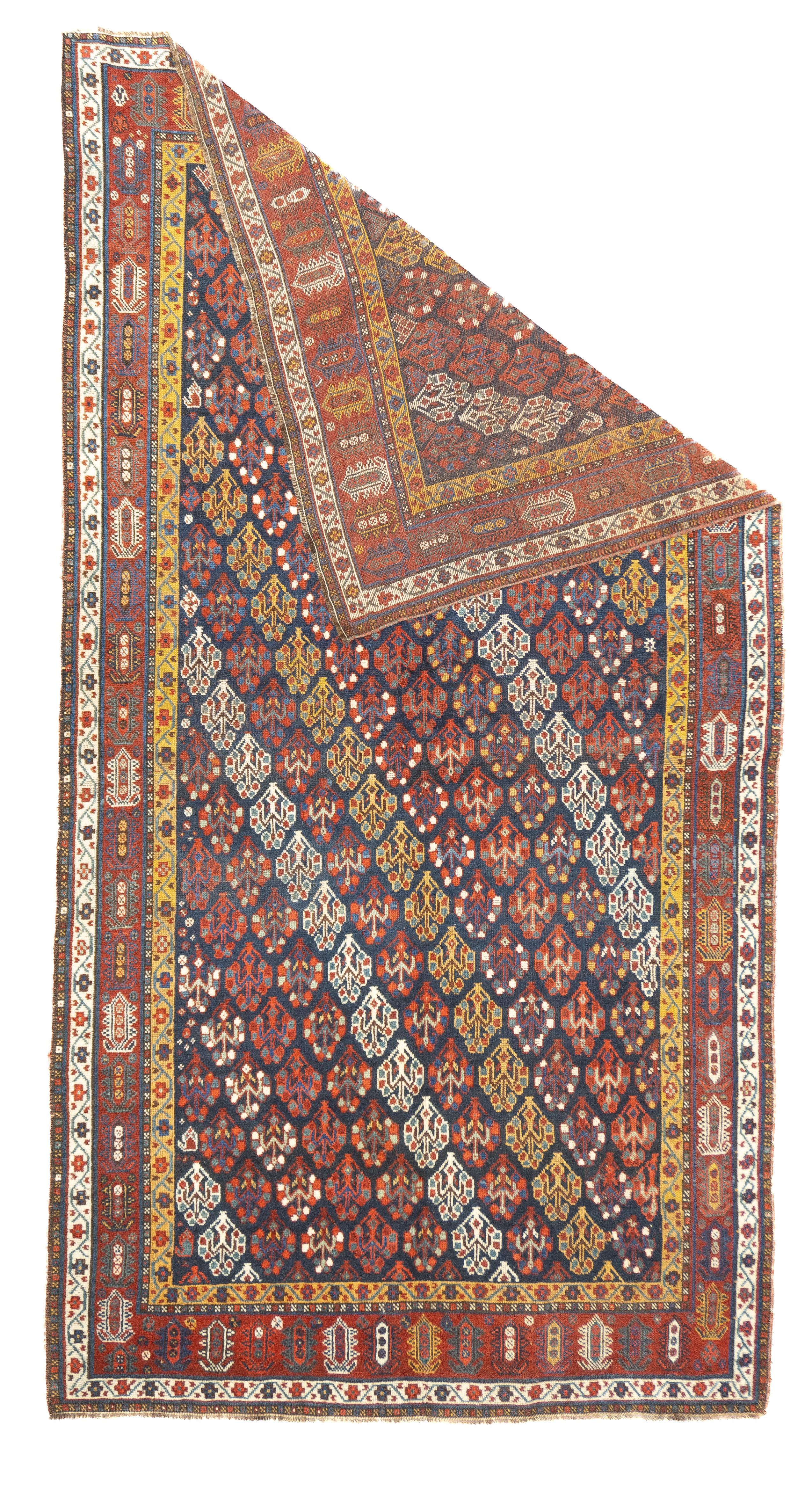 Antiker persischer Khamseh-Teppich 5'3'' x 9'6''. Die Nicht-Qashghai-Stämme im Südwesten Persiens weben eine große Vielfalt an geometrischen und abstrakten Scatters und Bagfaces. Die besten Weber sind die Baharlu türkischer Abstammung, die sowohl