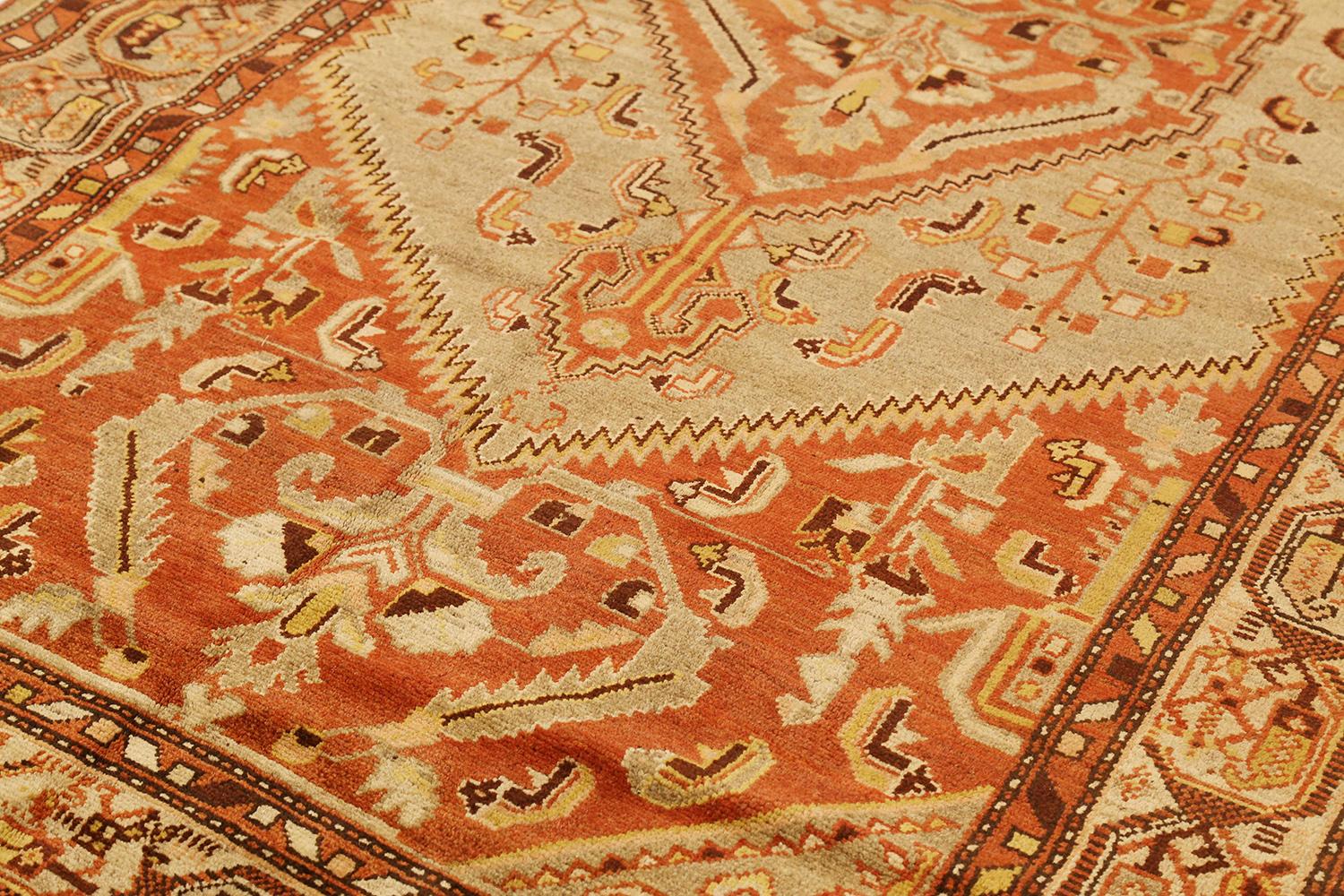 Other Antique Persian Khamseh Rug with Brown and Ivory Tribal Details on Orange Field For Sale