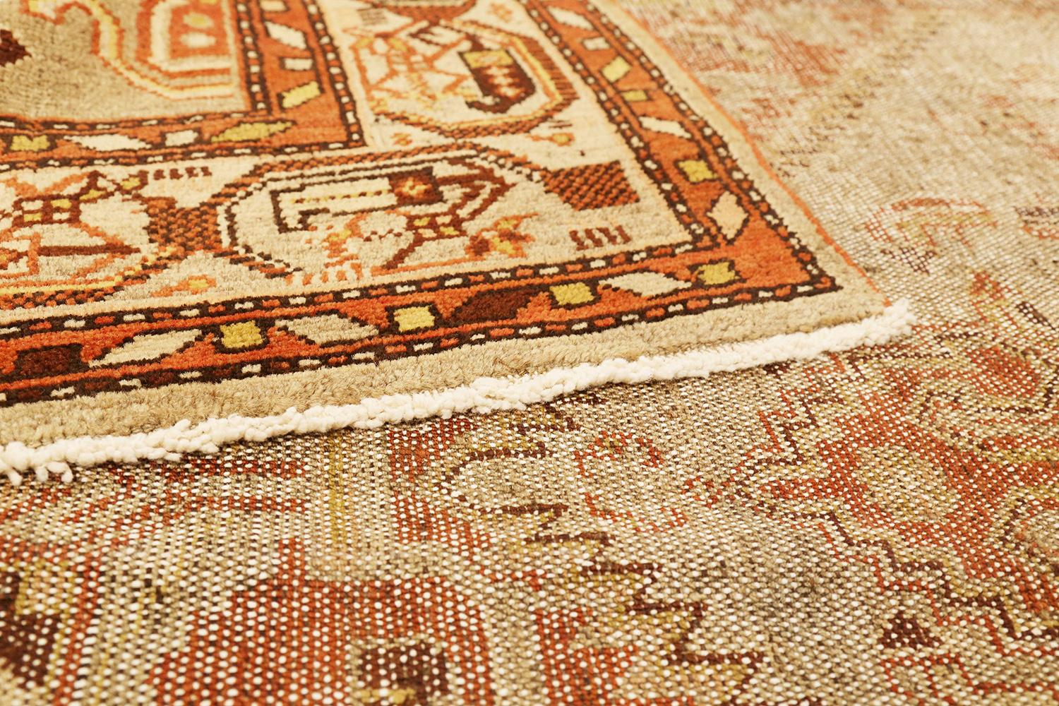 Hand-Woven Antique Persian Khamseh Rug with Brown and Ivory Tribal Details on Orange Field For Sale