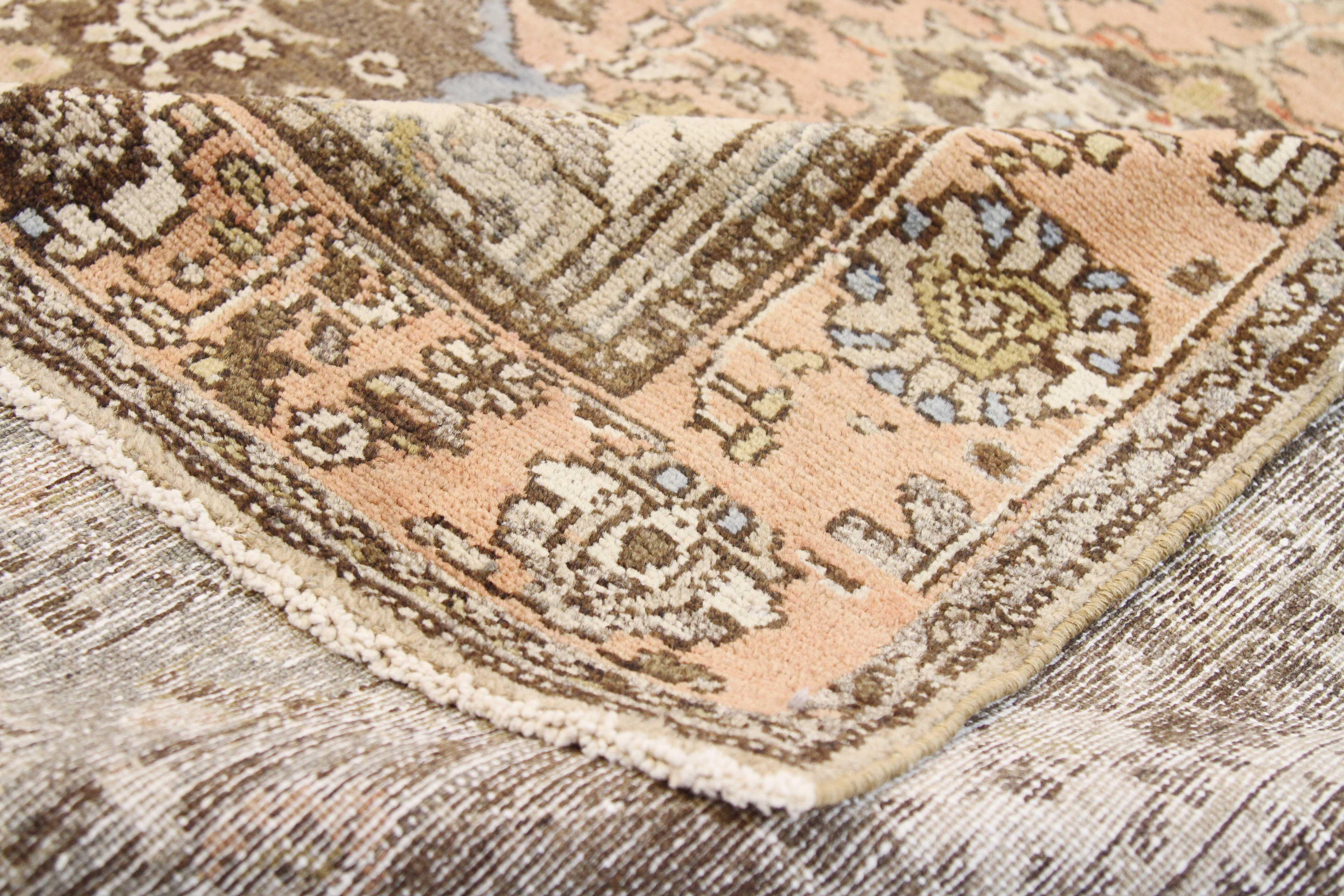 Hand-Woven Antique Persian Khamseh Rug with Brown and Pink Botanical Field Design For Sale