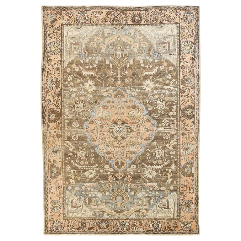 Antique Persian Khamseh Rug with Brown and Pink Botanical Field Design ...