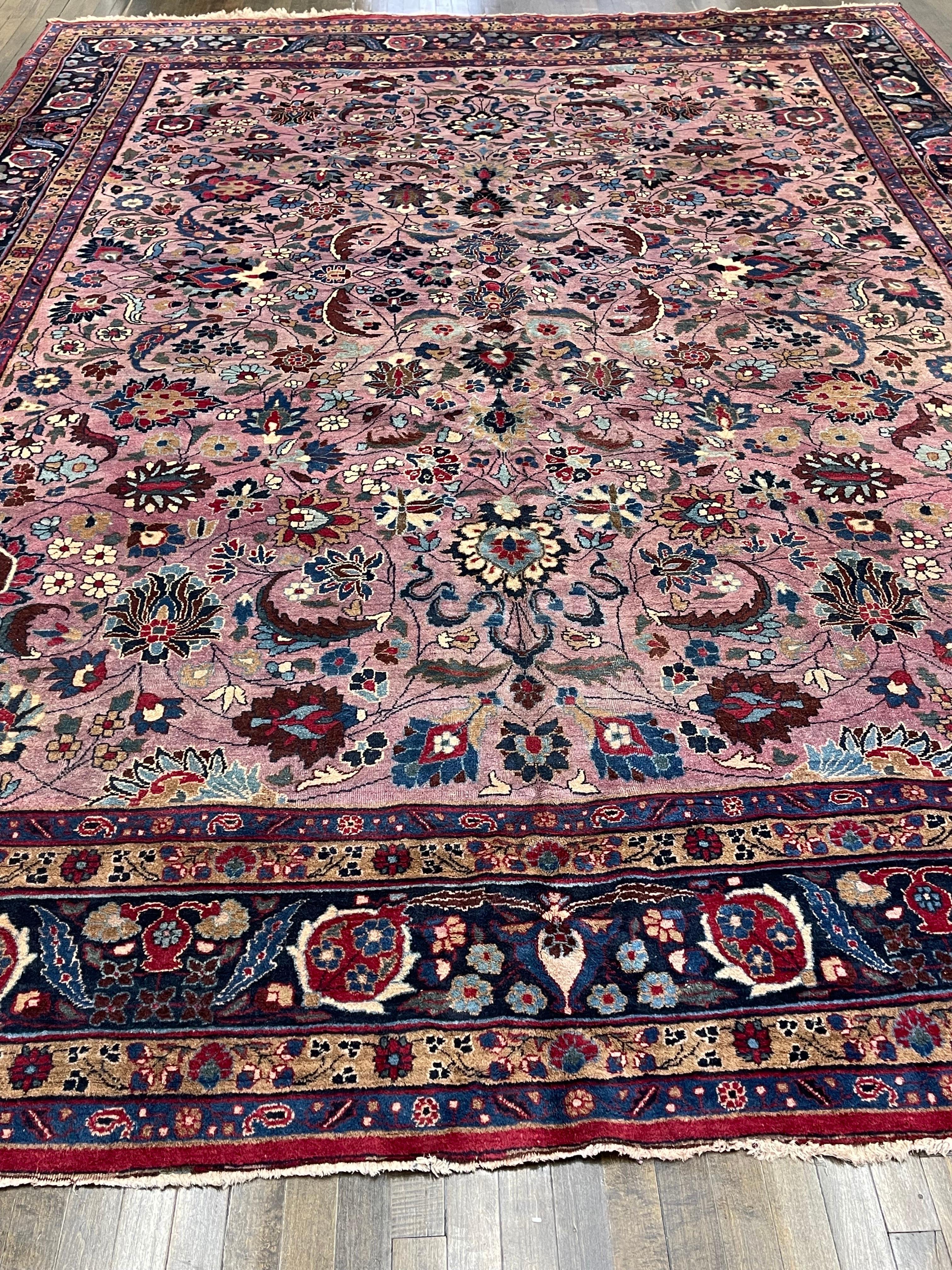 A rare beauty with a unique purple field,this rug is handwoven in Khorasan province, possibly in the city of Mashad. The principal motif of the carpet is inspired by the well known design of the rose of Isfahan.

 Although the creation of