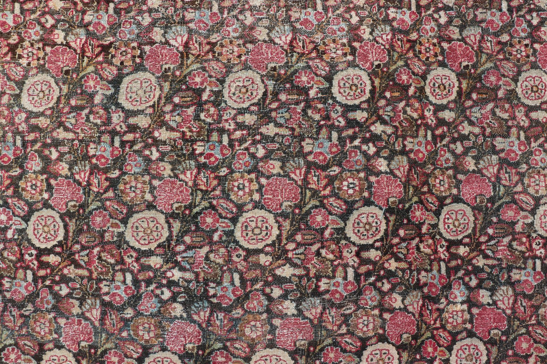 Antique Persian Khorasan Rug with Floral Design in Charcoal, Brown & Rose Red For Sale 4