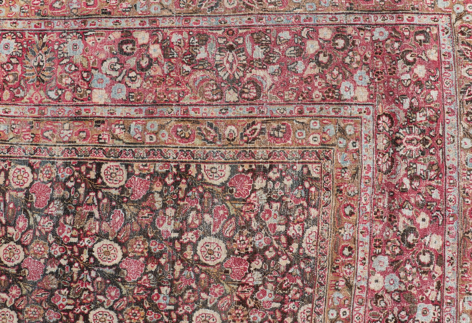 Antique Persian Khorasan Rug with Floral Design in Charcoal, Brown & Rose Red For Sale 5