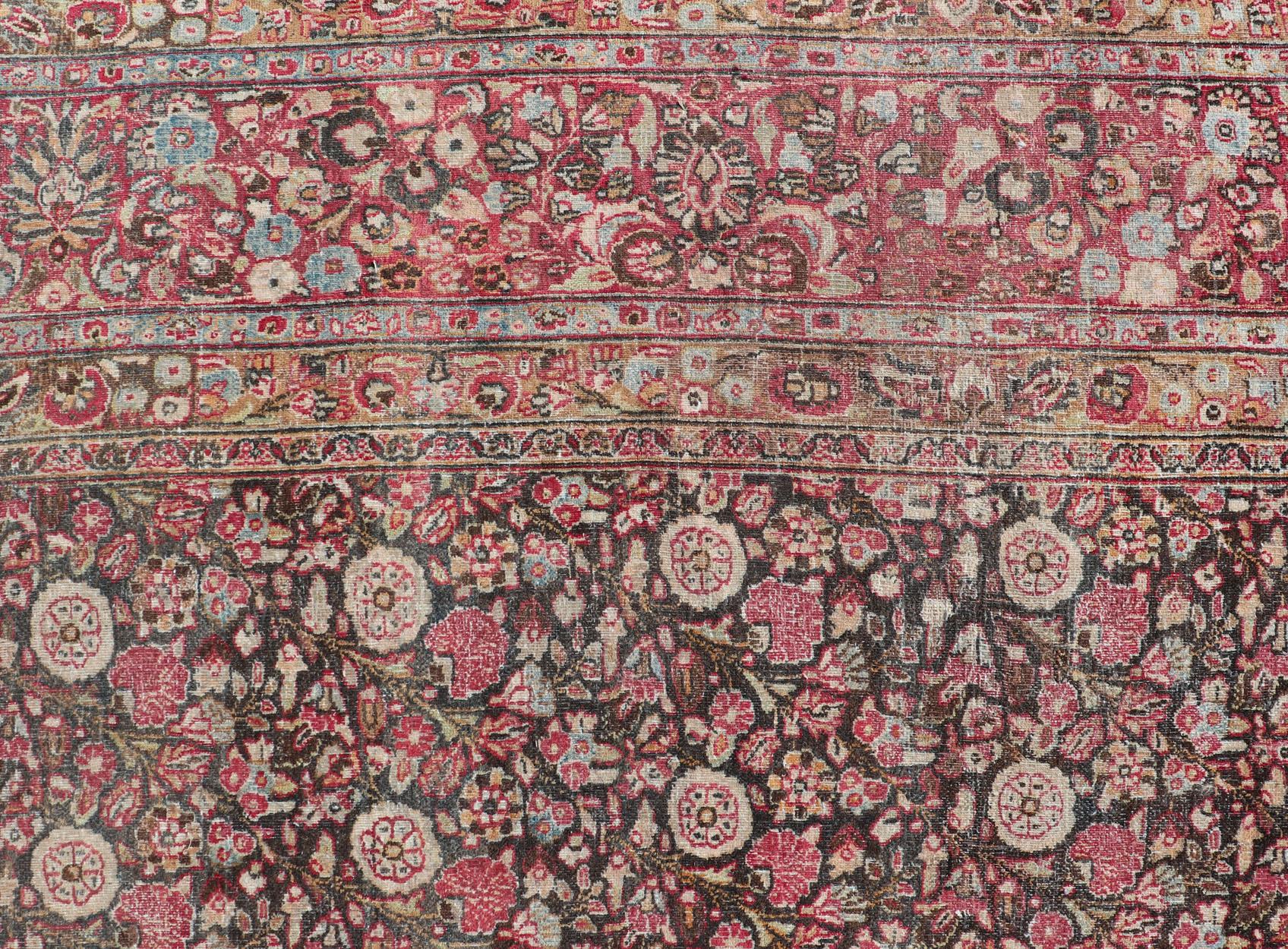 Antique Persian Khorasan Rug with Floral Design in Charcoal, Brown & Rose Red For Sale 6