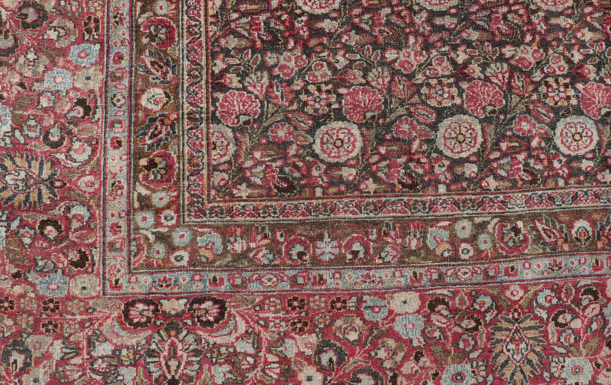 Antique Persian Khorasan Rug with Floral Design in Charcoal, Brown & Rose Red For Sale 7