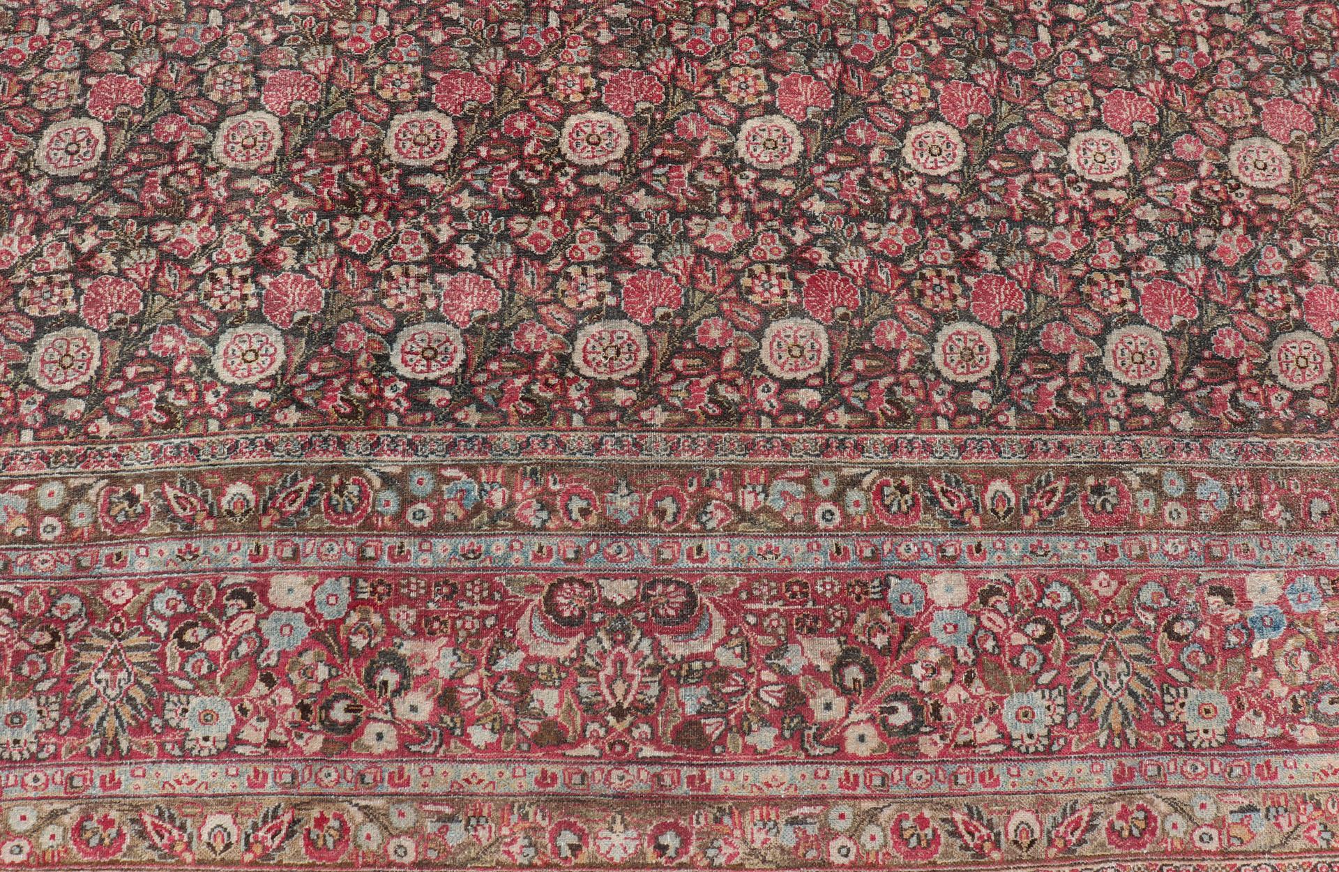 Antique Persian Khorasan Rug with Floral Design in Charcoal, Brown & Rose Red For Sale 8