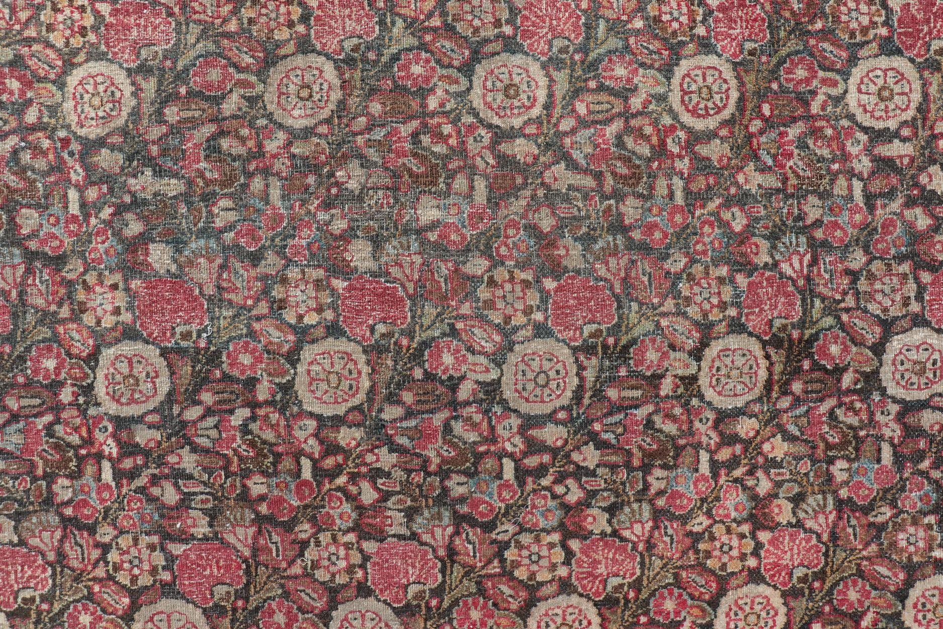Antique Persian Khorasan Rug with Floral Design in Charcoal, Brown & Rose Red For Sale 9