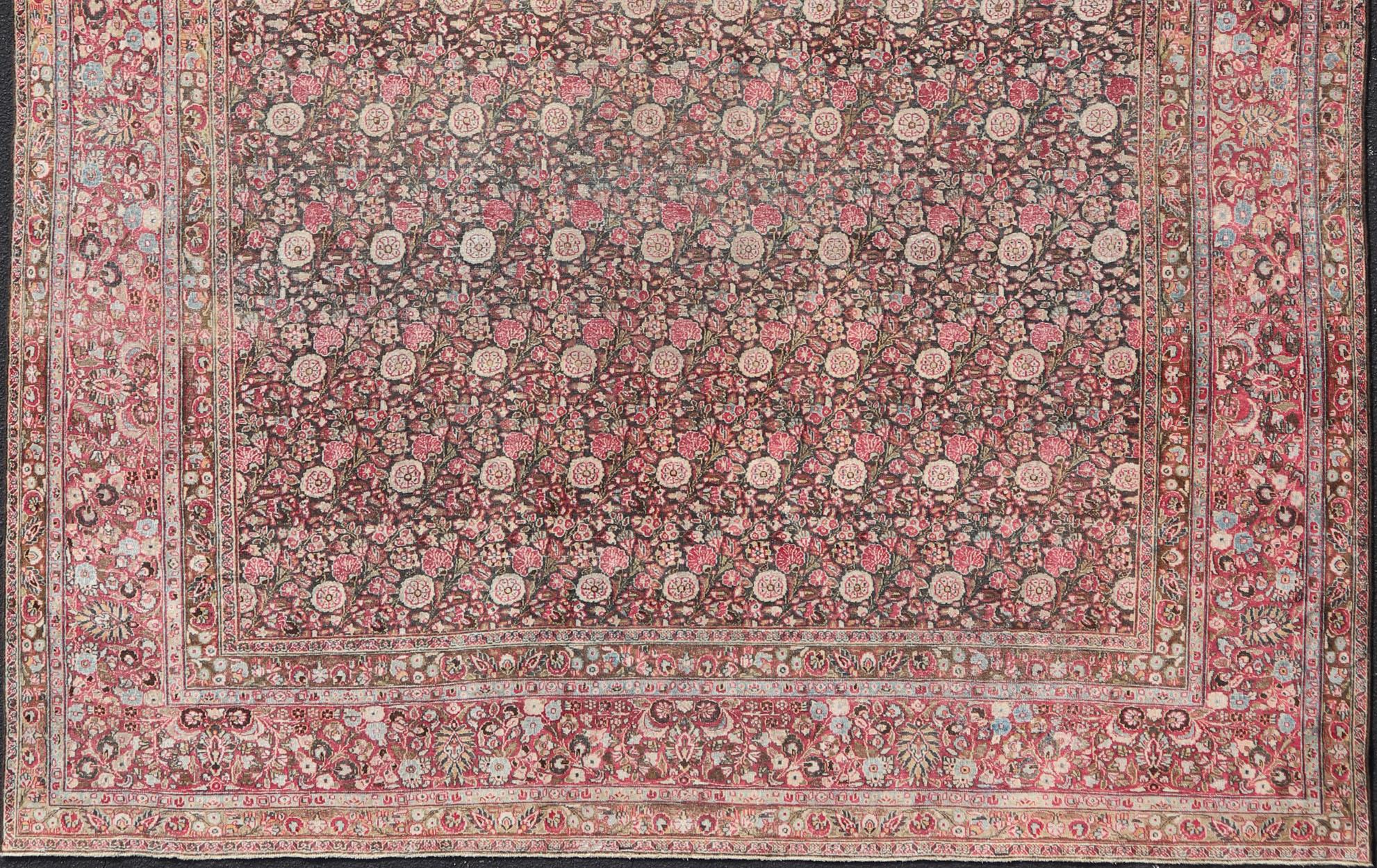 Hand-Knotted Antique Persian Khorasan Rug with Floral Design in Charcoal, Brown & Rose Red For Sale