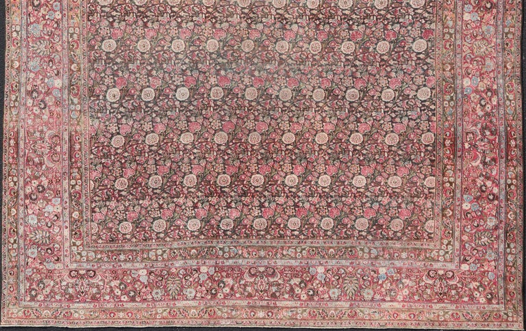 Antique Persian Khorasan Rug with Floral Design in Charcoal, Brown and ...