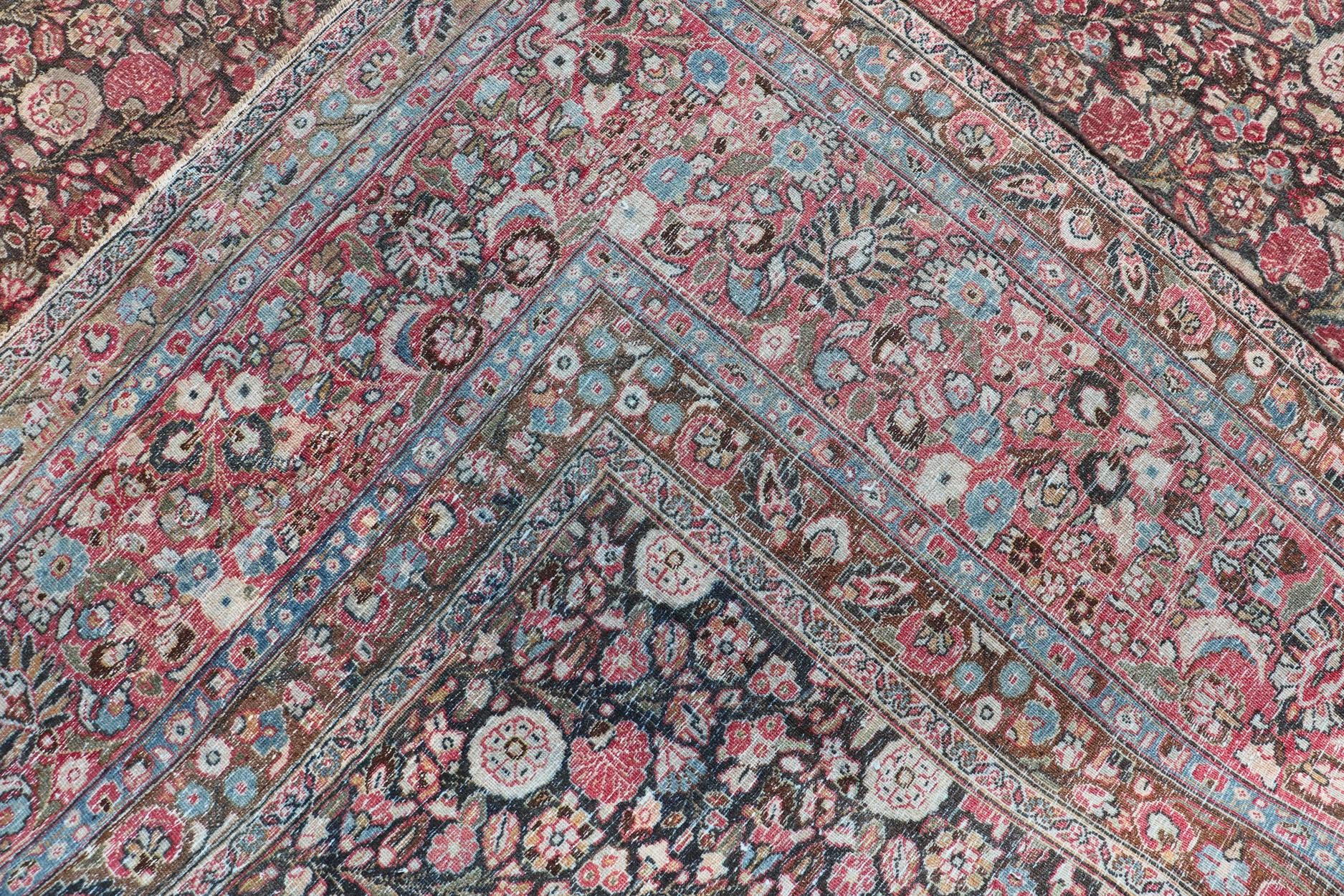 Antique Persian Khorasan Rug with Floral Design in Charcoal, Brown & Rose Red In Good Condition For Sale In Atlanta, GA