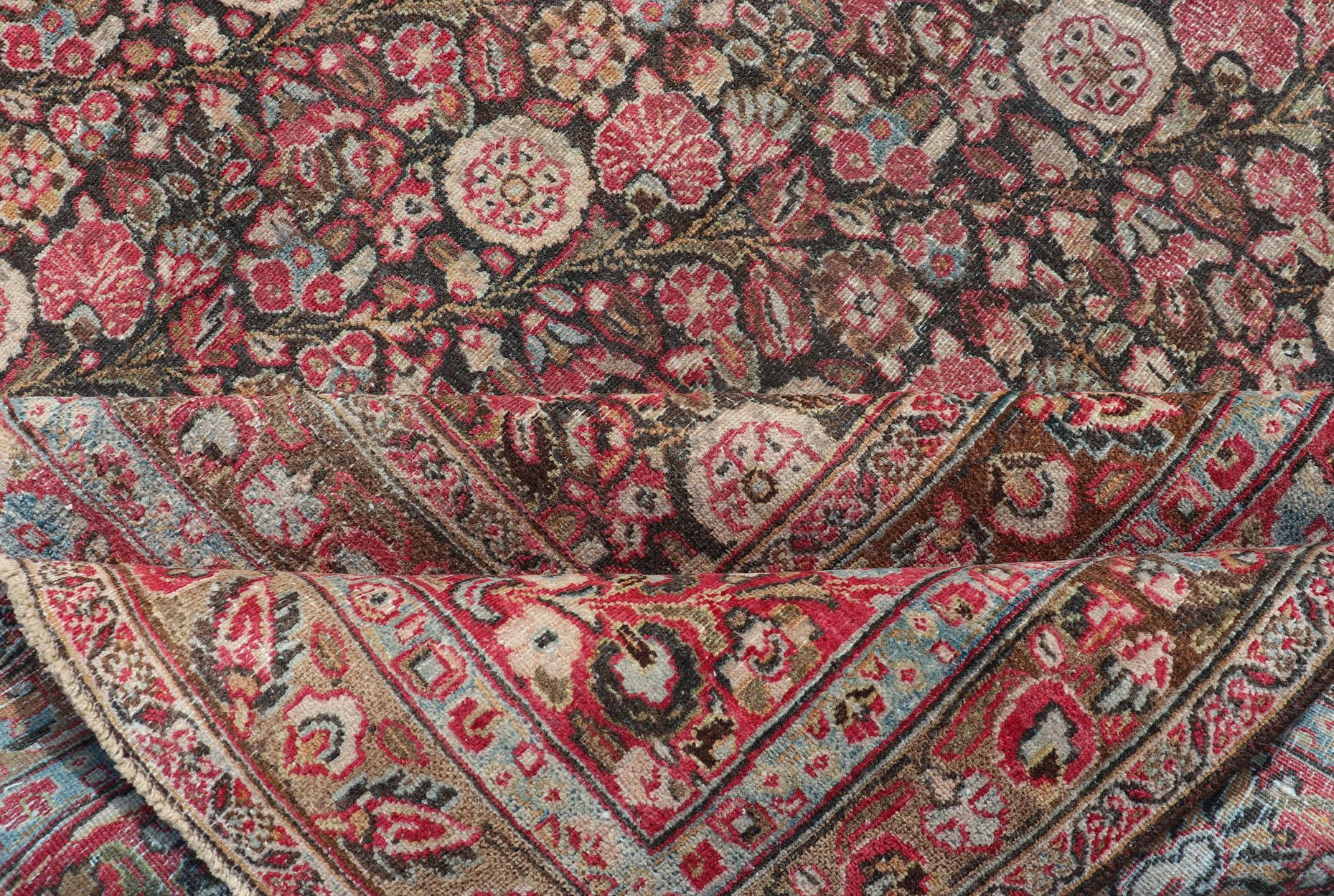 20th Century Antique Persian Khorasan Rug with Floral Design in Charcoal, Brown & Rose Red For Sale