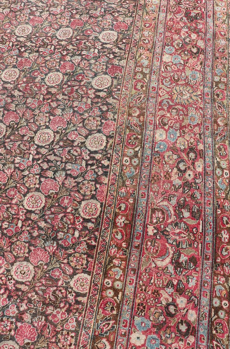 Antique Persian Khorasan Rug with Floral Design in Charcoal, Brown and ...