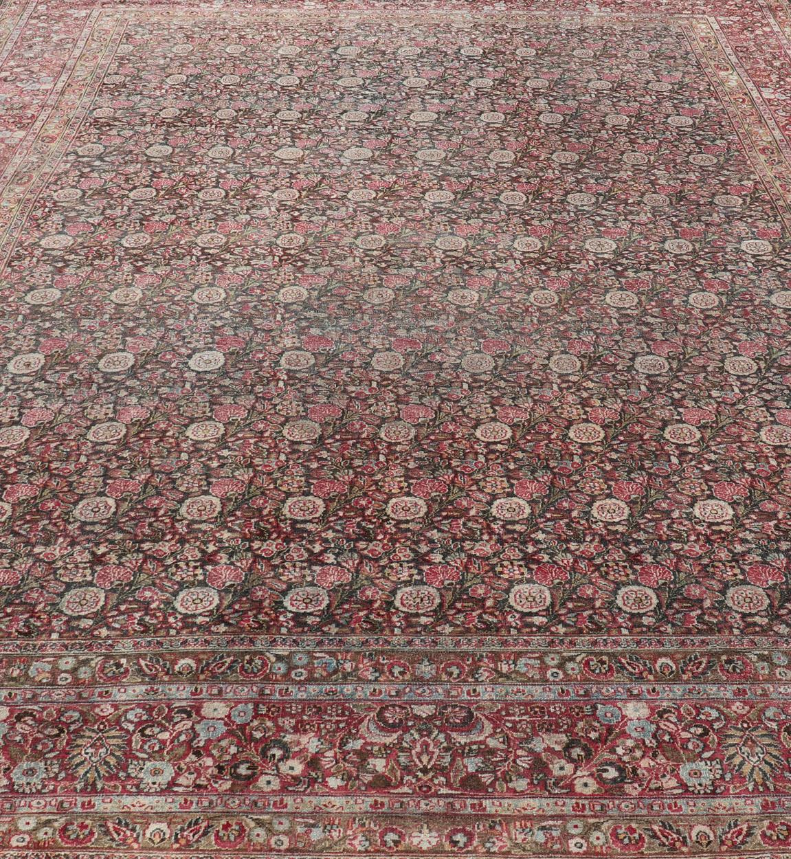 Antique Persian Khorasan Rug with Floral Design in Charcoal, Brown & Rose Red For Sale 1