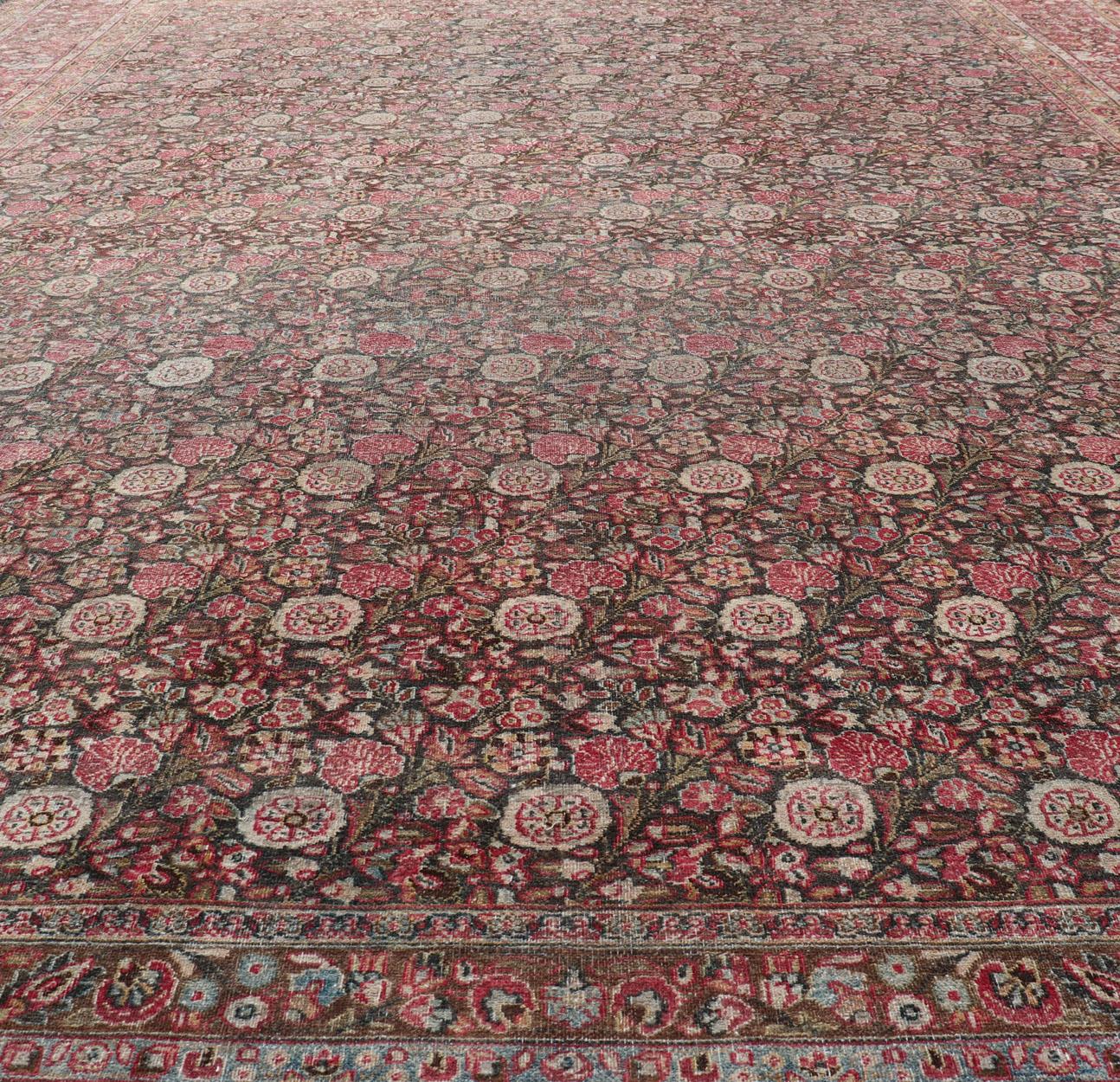 Antique Persian Khorasan Rug with Floral Design in Charcoal, Brown & Rose Red For Sale 2