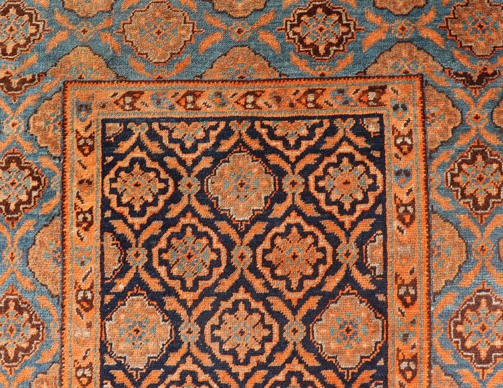 Antique Persian Khorasan Runner with All-Over Design in Blues, and Orange For Sale 4