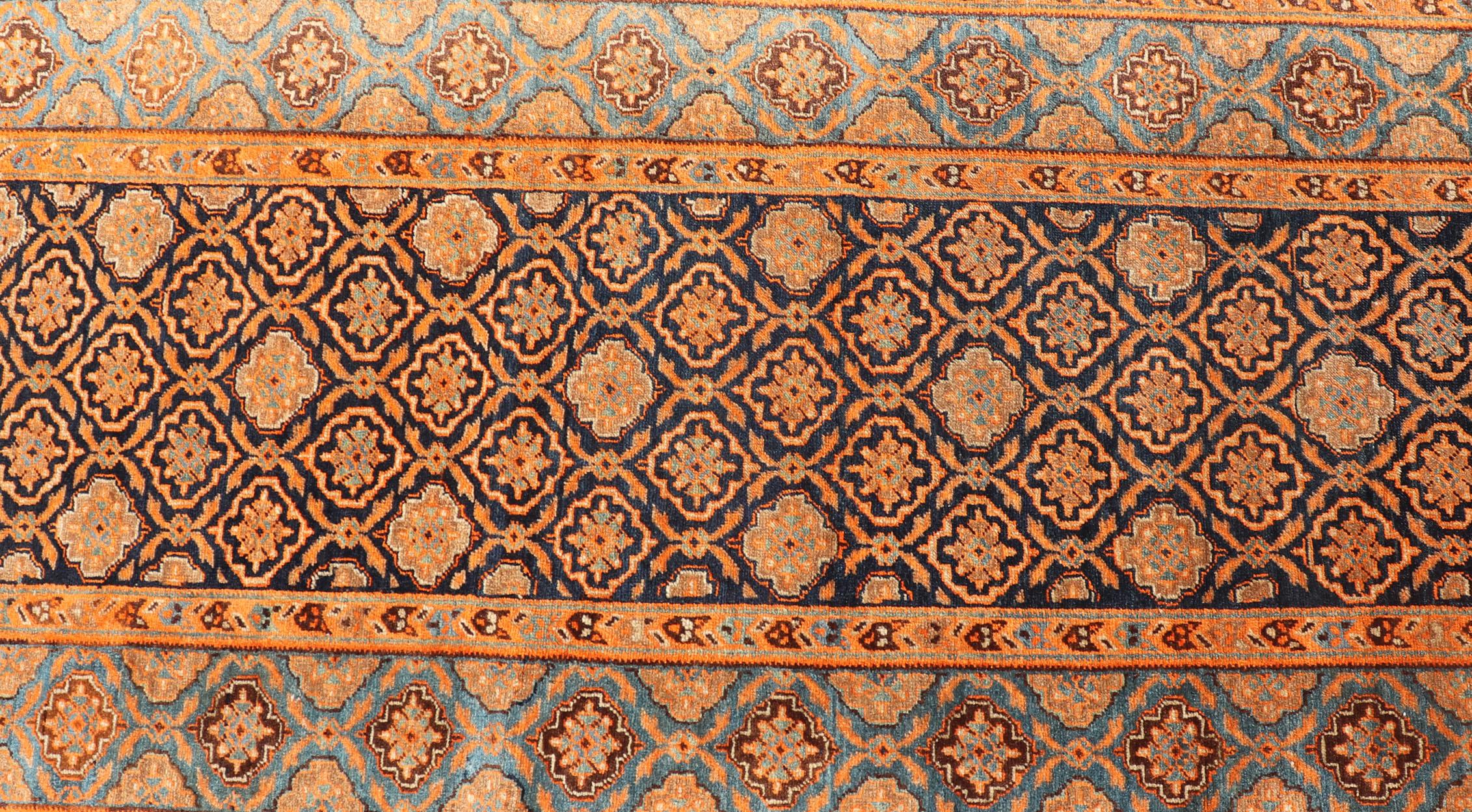 Antique Persian Khorasan Runner with All-Over Design in Blues, and Orange For Sale 5