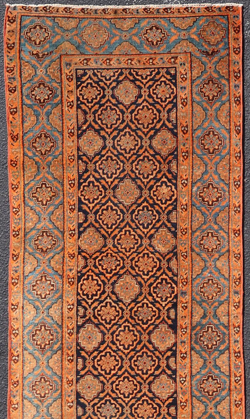 Tabriz Antique Persian Khorasan Runner with All-Over Design in Blues, and Orange For Sale