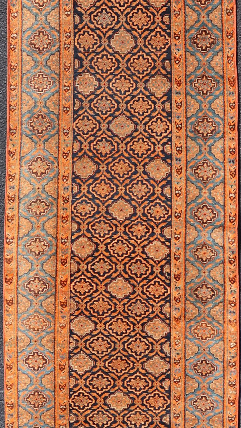 Hand-Knotted Antique Persian Khorasan Runner with All-Over Design in Blues, and Orange For Sale