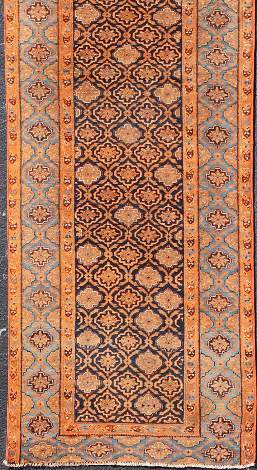 Antique Persian Khorasan Runner with All-Over Design in Blues, and Orange In Good Condition For Sale In Atlanta, GA