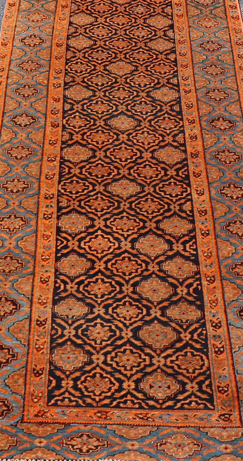 Wool Antique Persian Khorasan Runner with All-Over Design in Blues, and Orange For Sale