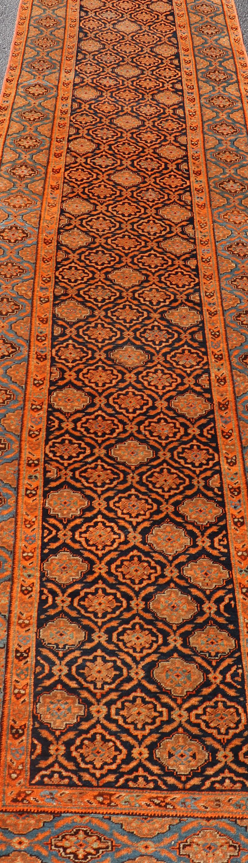 Antique Persian Khorasan Runner with All-Over Design in Blues, and Orange For Sale 1