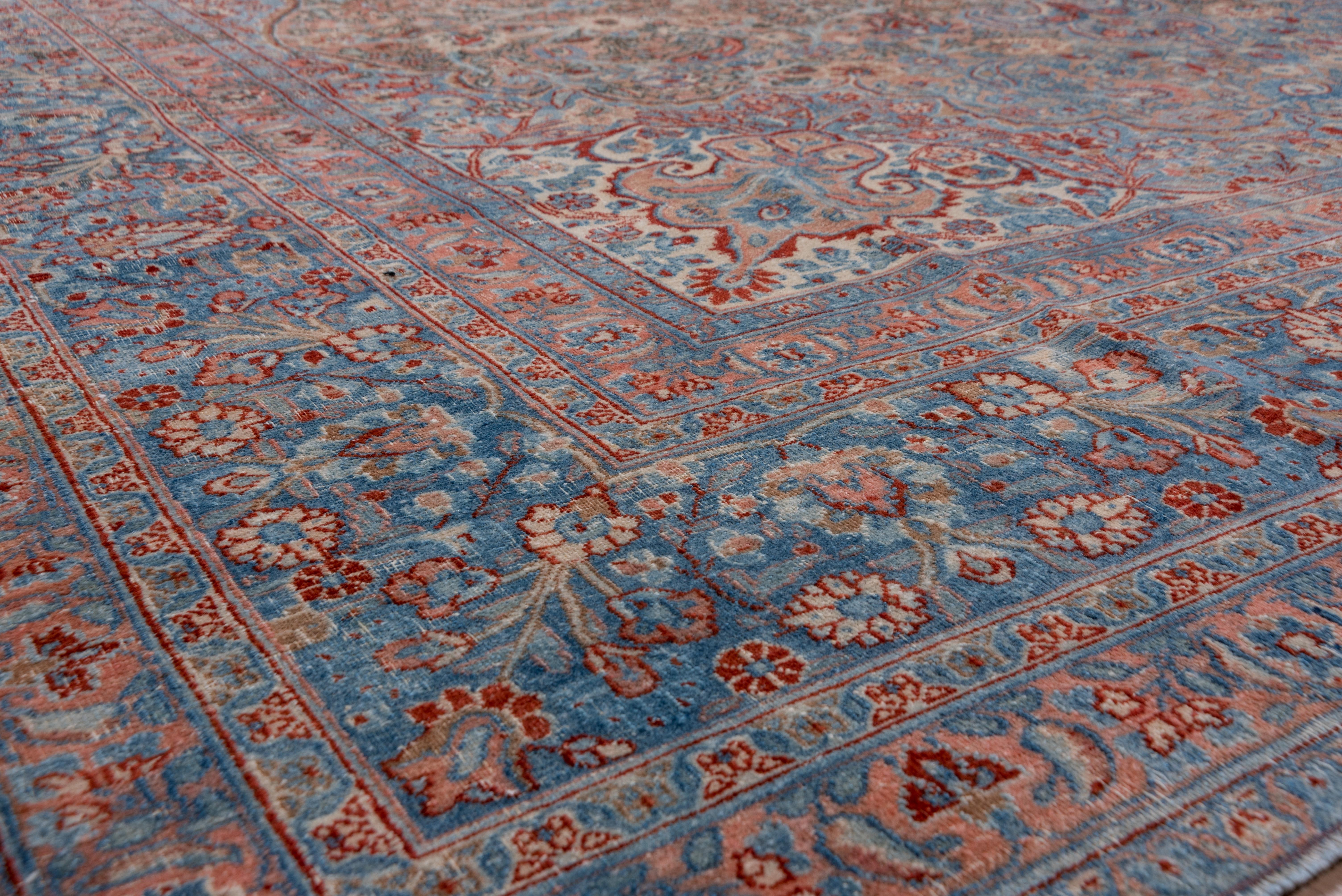 Hand-Knotted Antique Persian Khorassan Carpet, Blue Tones, Pink Tones, Salmon Tones For Sale