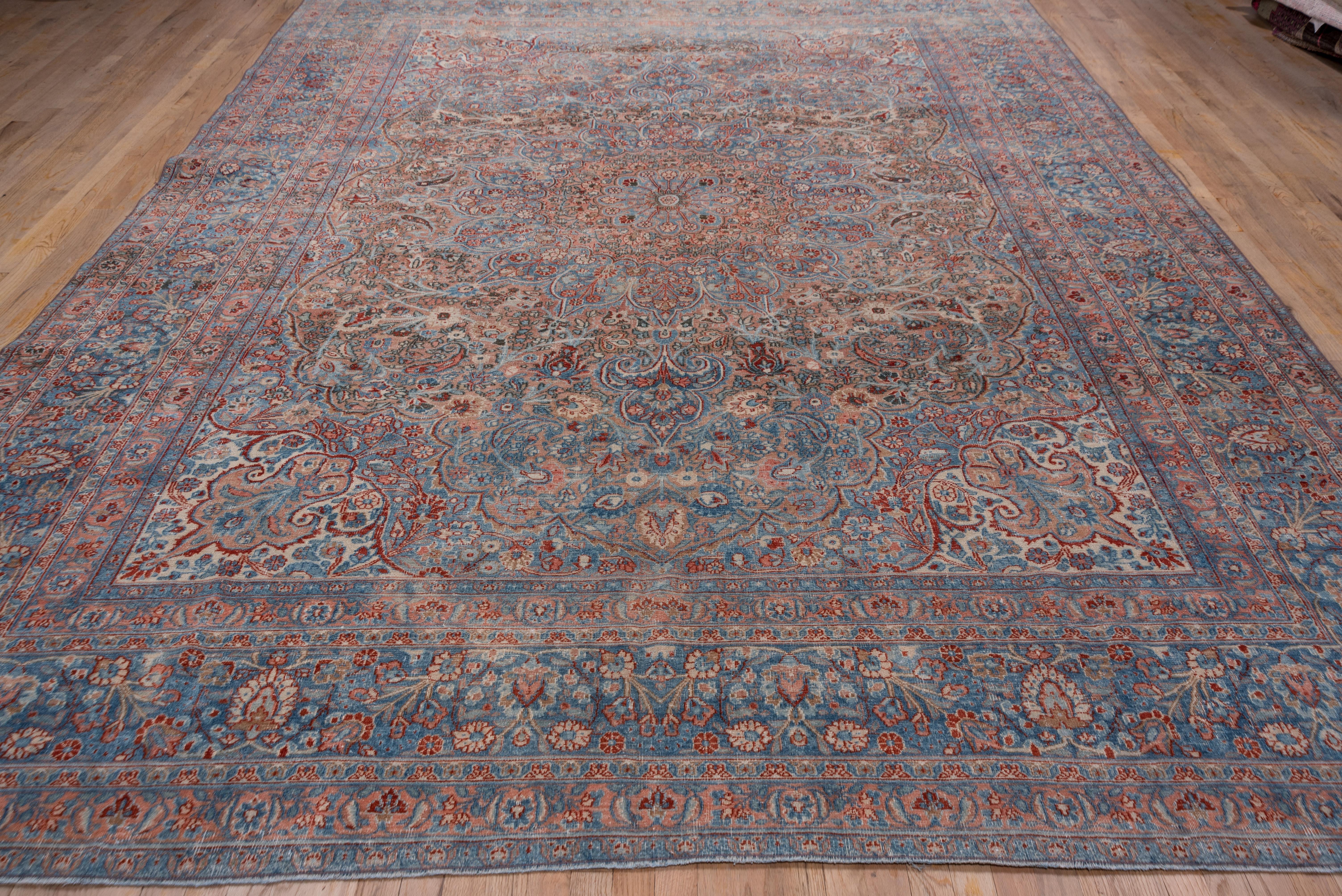 Antique Persian Khorassan Carpet, Blue Tones, Pink Tones, Salmon Tones In Good Condition For Sale In New York, NY