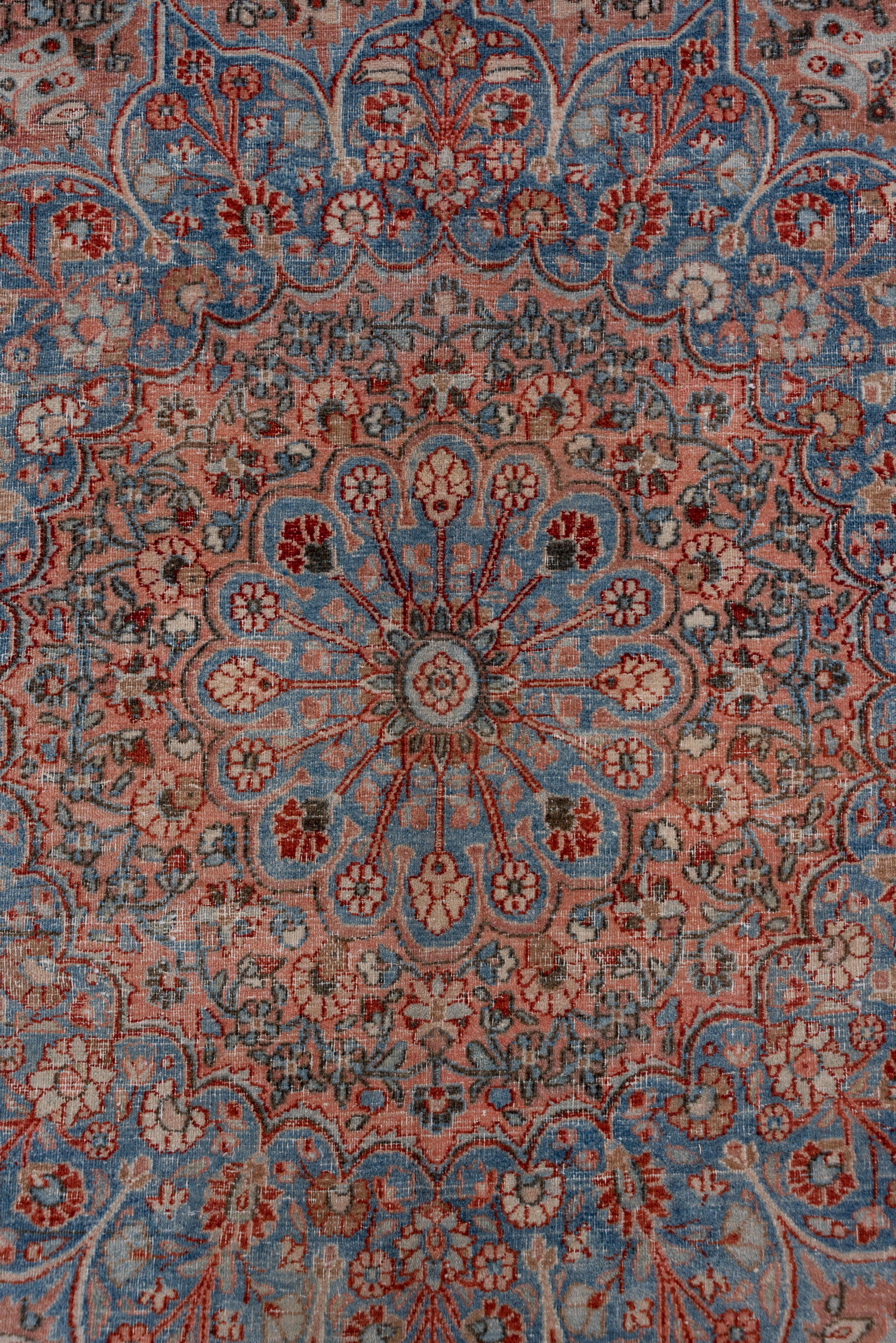 Mid-20th Century Antique Persian Khorassan Carpet, Blue Tones, Pink Tones, Salmon Tones For Sale