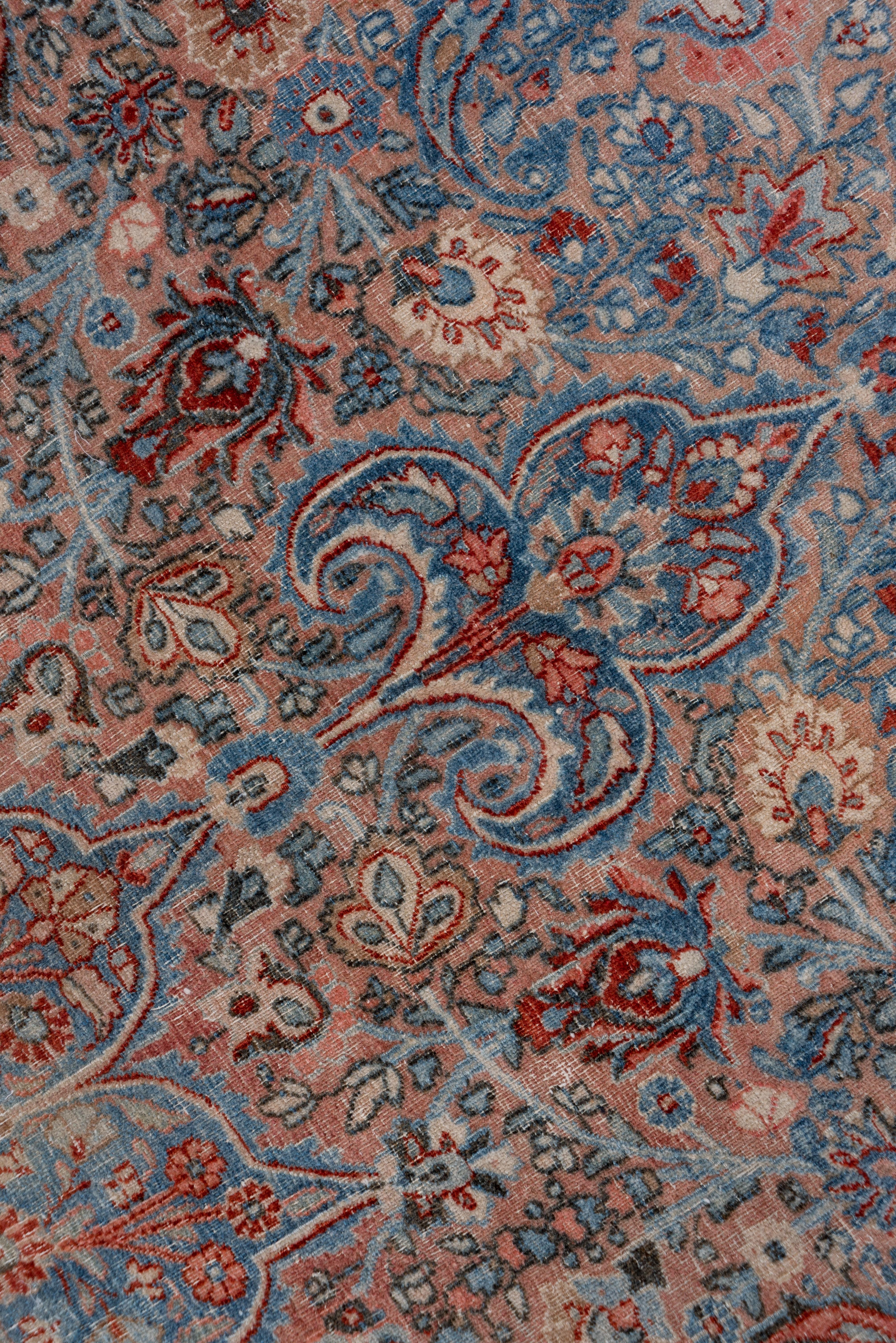 Wool Antique Persian Khorassan Carpet, Blue Tones, Pink Tones, Salmon Tones For Sale