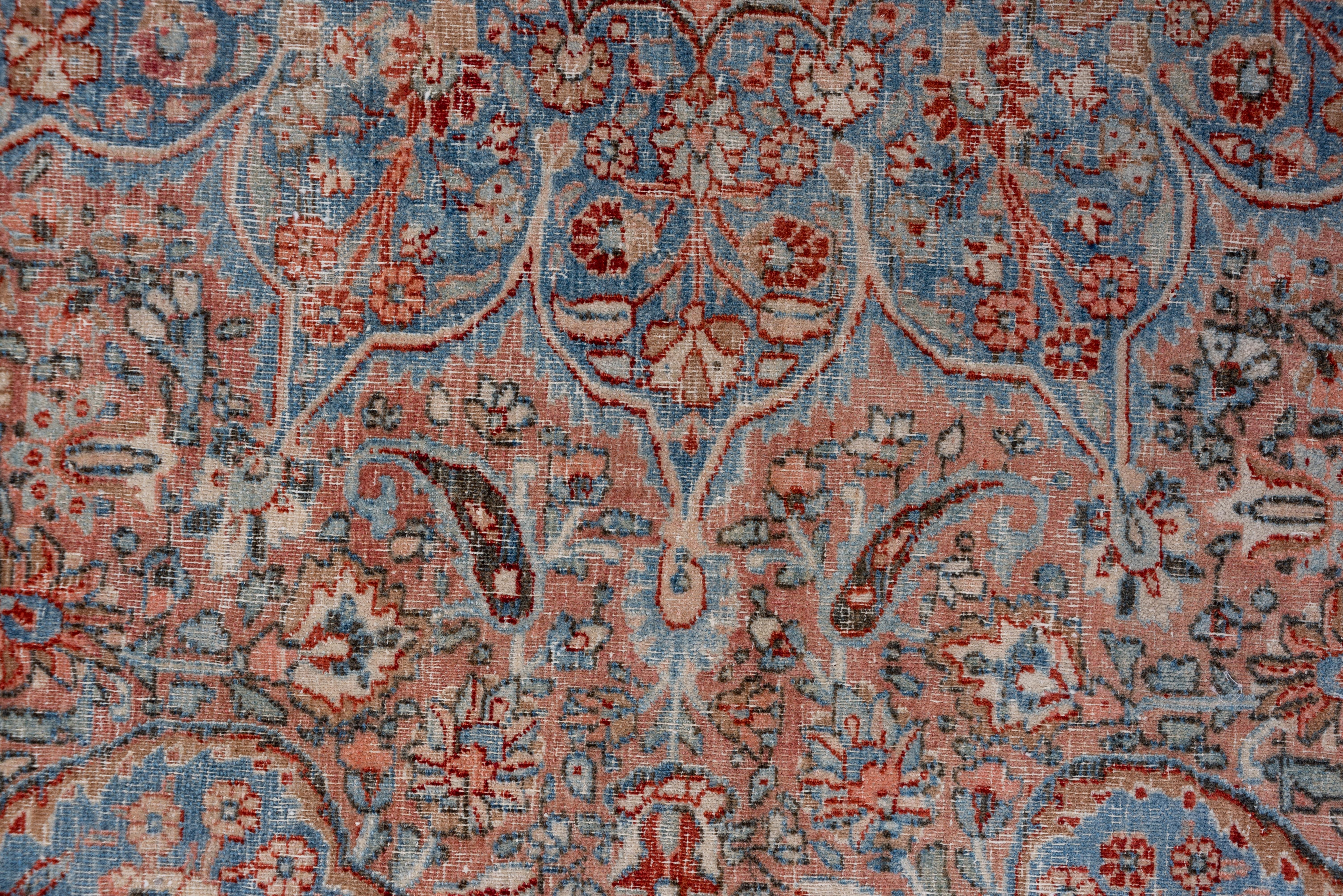 Antique Persian Khorassan Carpet, Blue Tones, Pink Tones, Salmon Tones For Sale 1