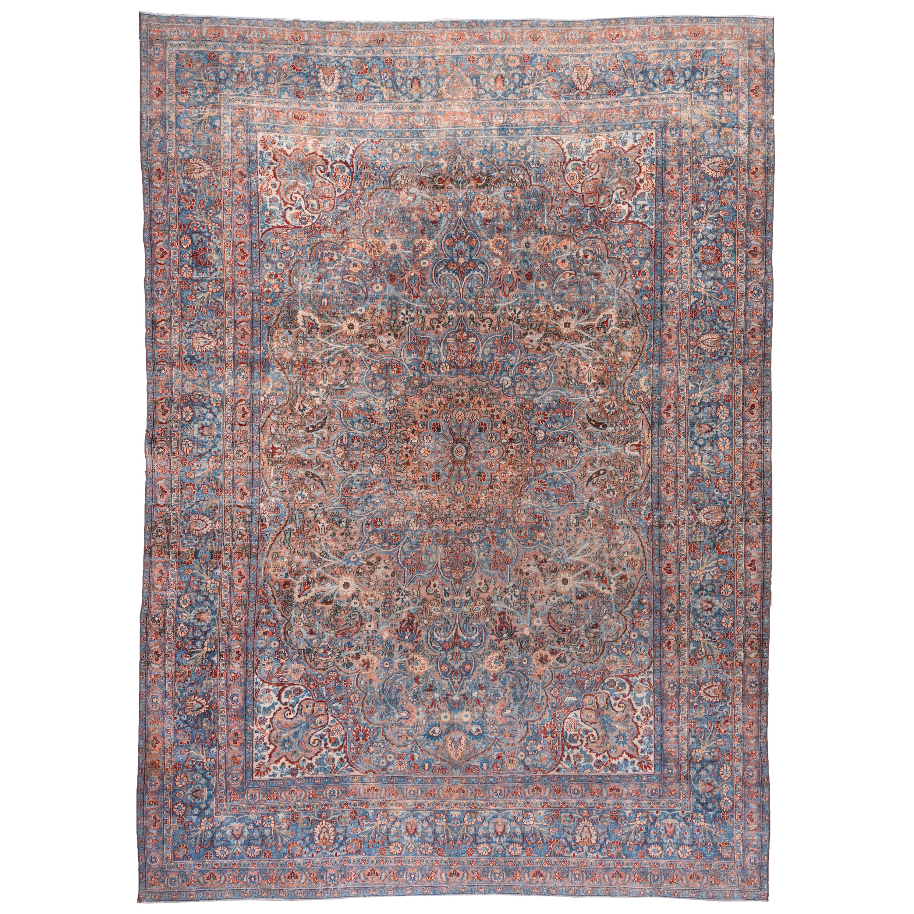Antique Persian Khorassan Carpet, Blue Tones, Pink Tones, Salmon Tones For Sale
