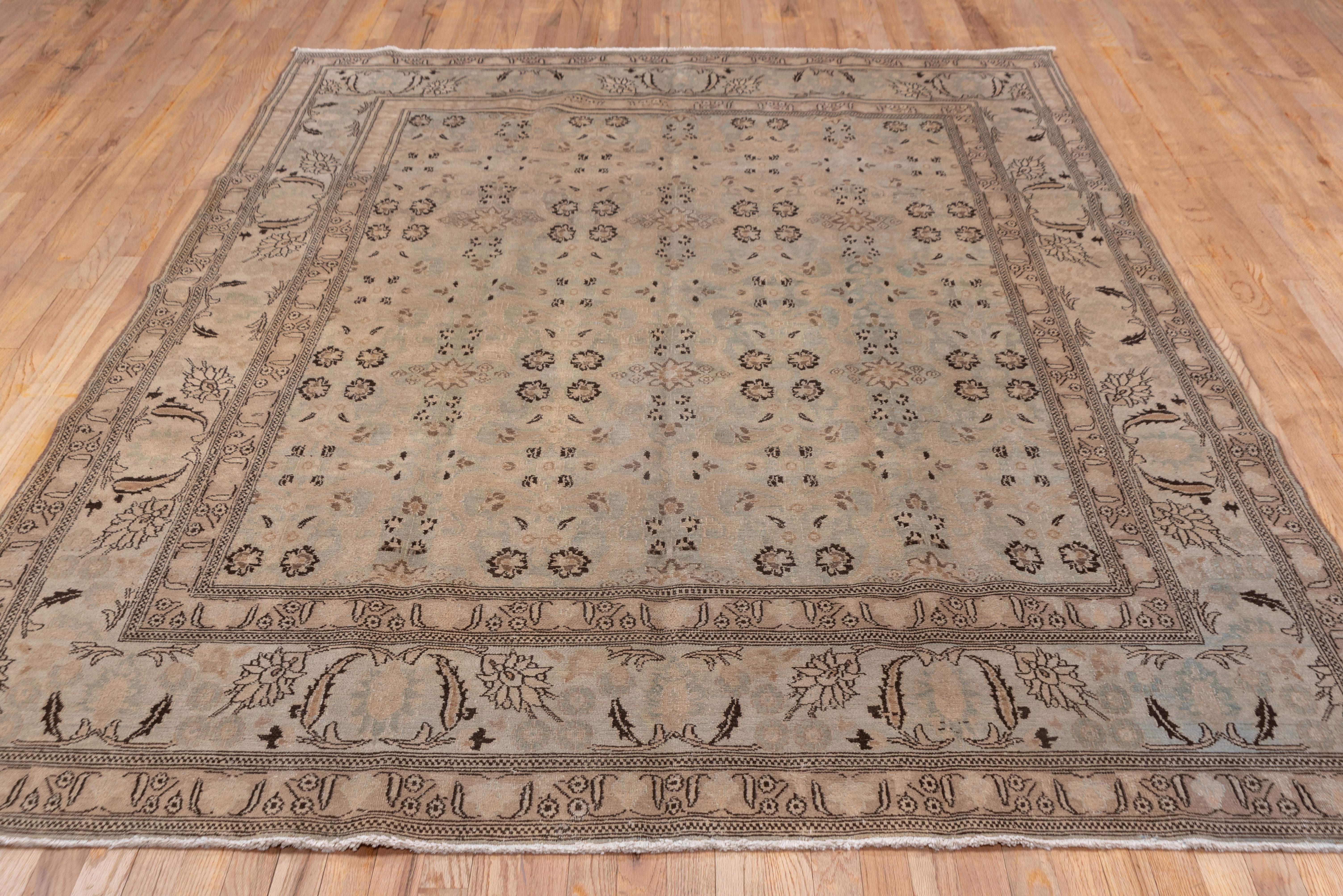 Antique Persian Khorassan Carpet, Light Brown Field, Allover Field, Blue Accents In Good Condition For Sale In New York, NY