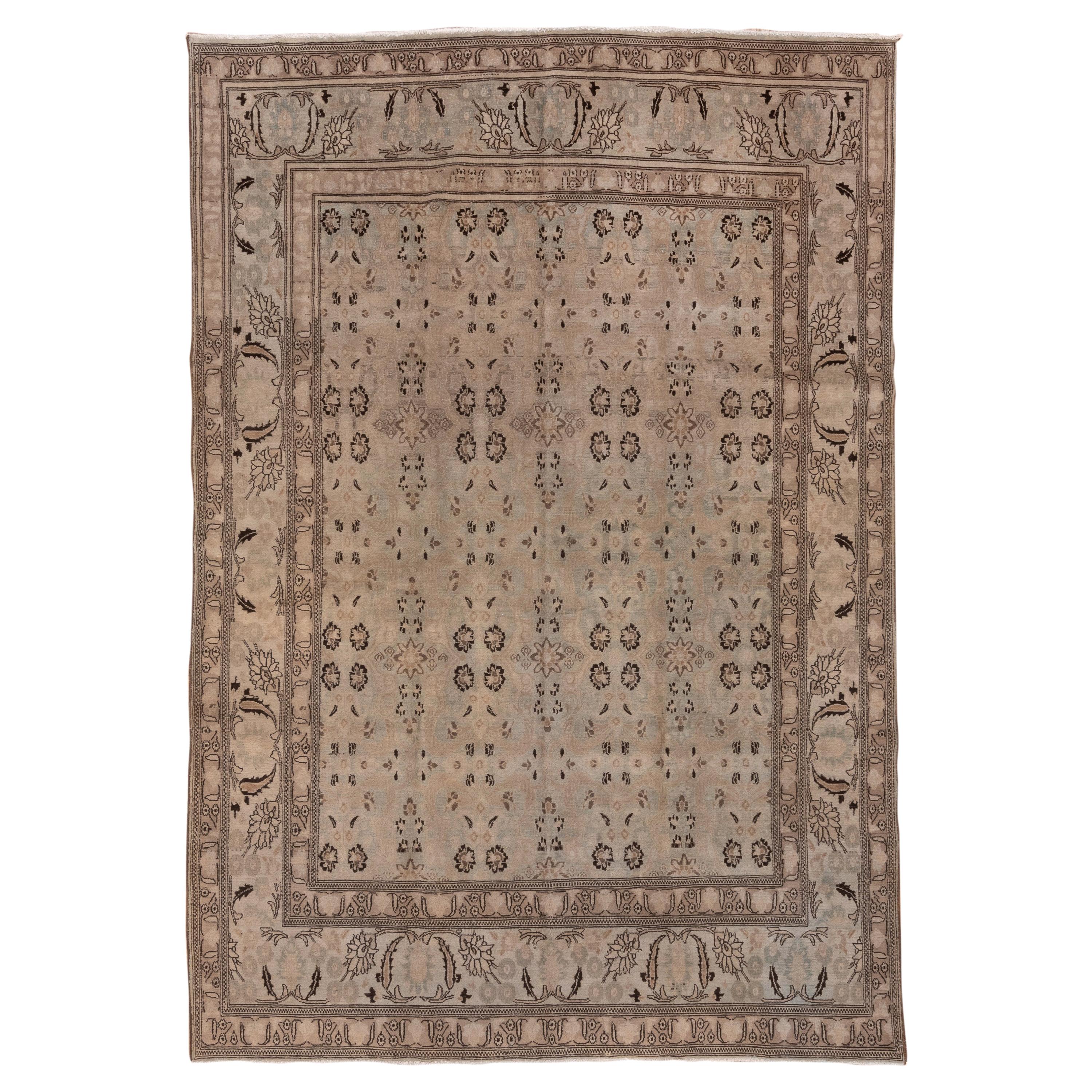 Antique Persian Khorassan Carpet, Light Brown Field, Allover Field, Blue Accents