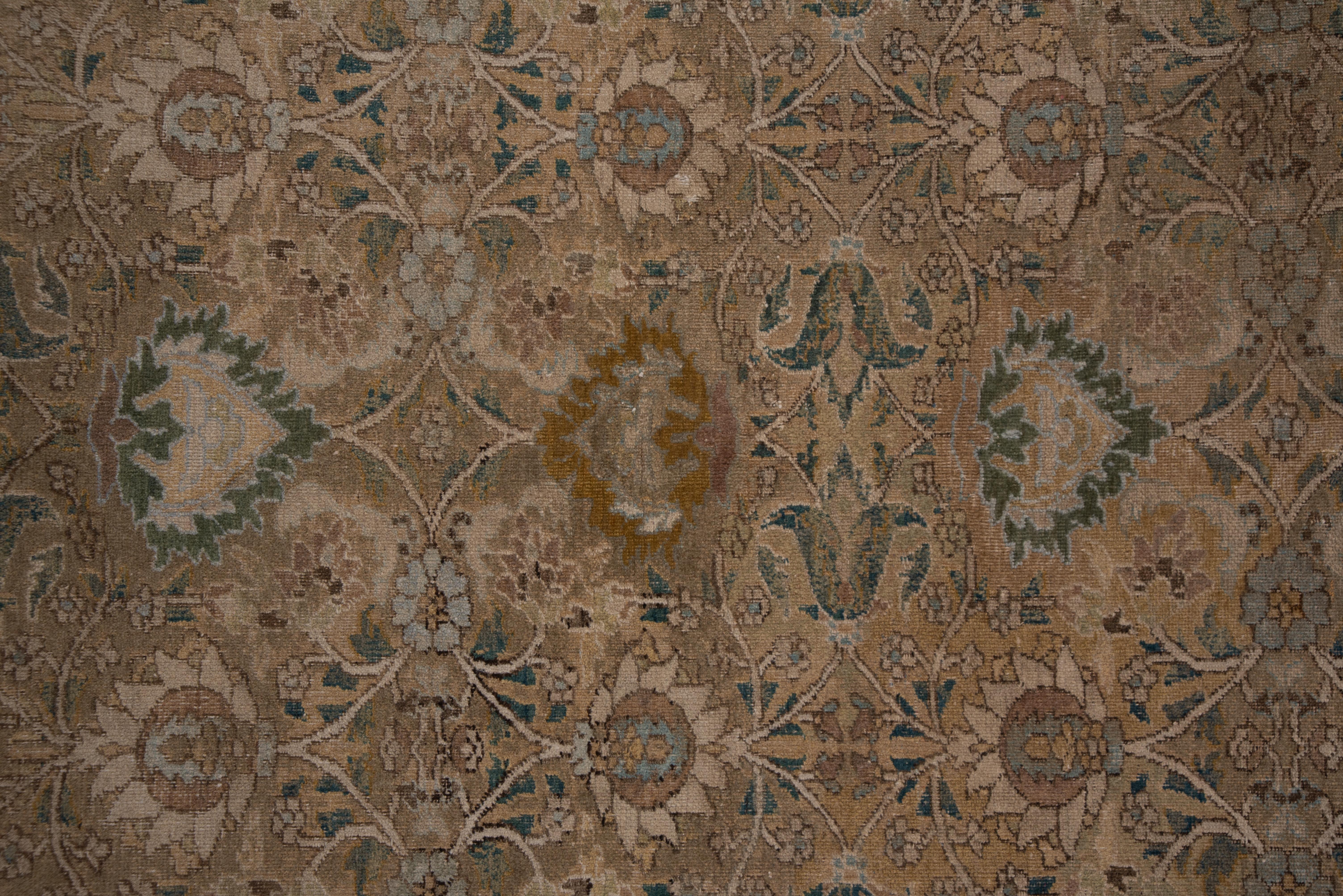 The mellow buff field of this Khorassan town rug shows a two-way all-over ragged and petal palmette pattern with connecting ivory open concave diamonds. Ivory, pale blue, sienna and salmon accent this rather worn large scatter.