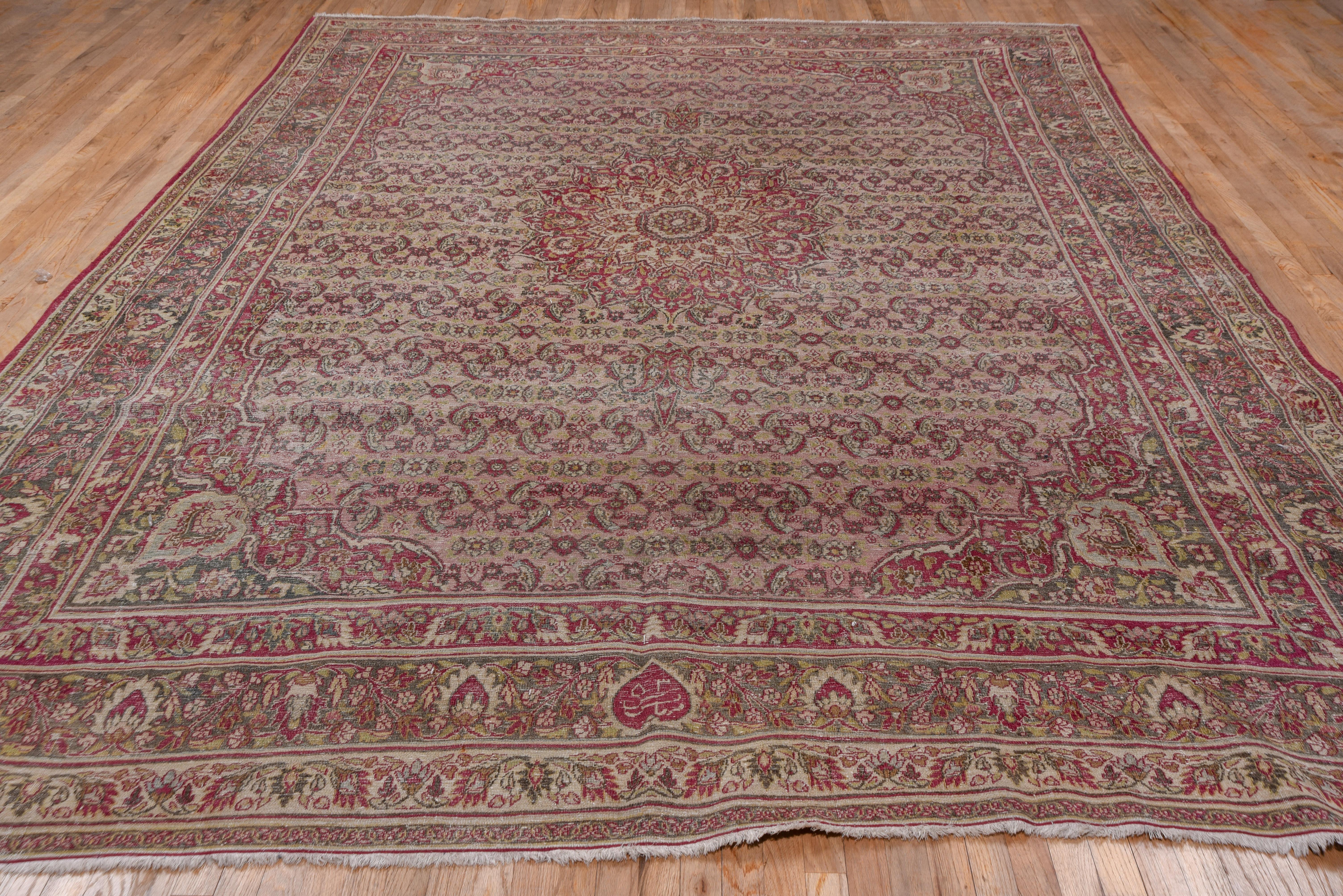 Hand-Knotted Antique Persian Khorassan Rug, Dusty Pink Field, Wine, Citron & Green Accents For Sale