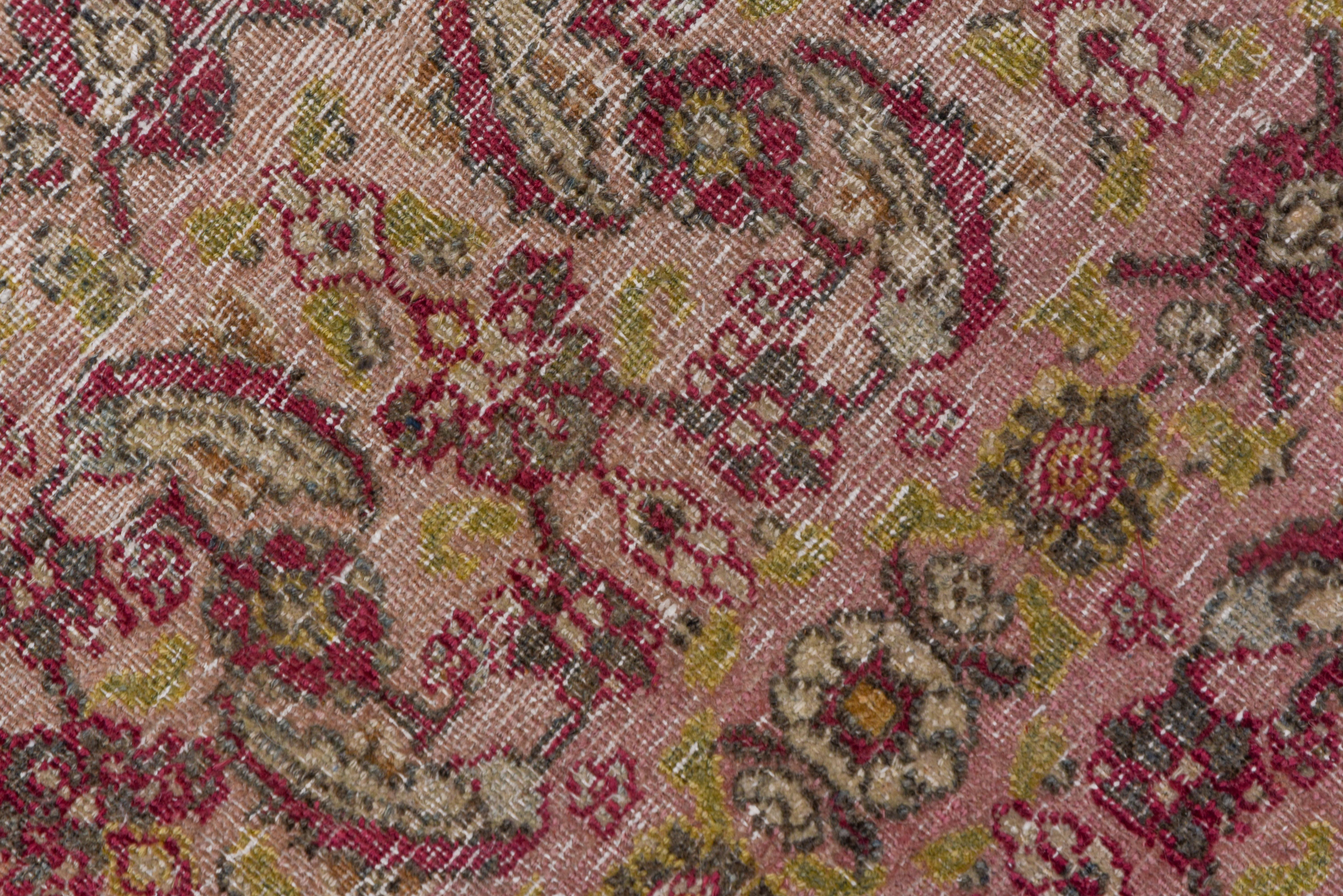 Wool Antique Persian Khorassan Rug, Dusty Pink Field, Wine, Citron & Green Accents For Sale