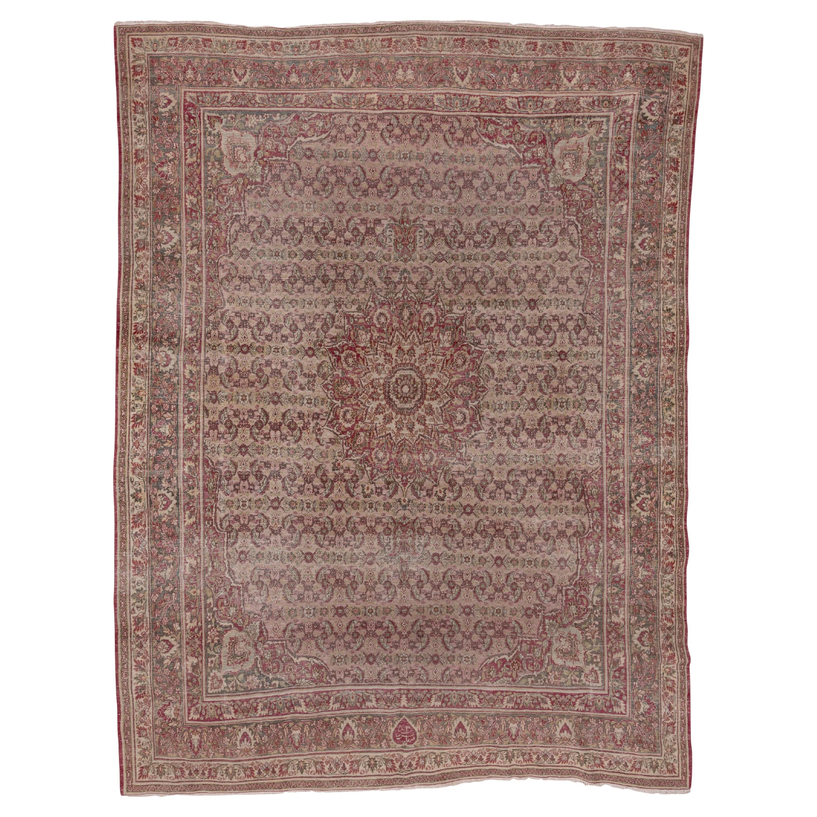 Antique Persian Khorassan Rug, Dusty Pink Field, Wine, Citron & Green Accents For Sale