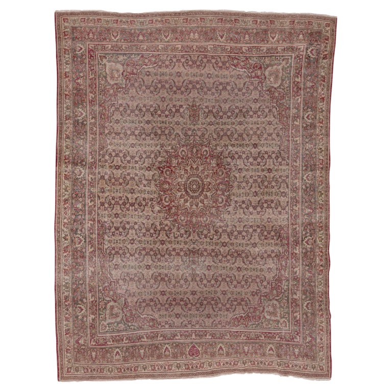 Antique Persian Khorassan Rug, Dusty Pink Field, Wine, Citron and Green