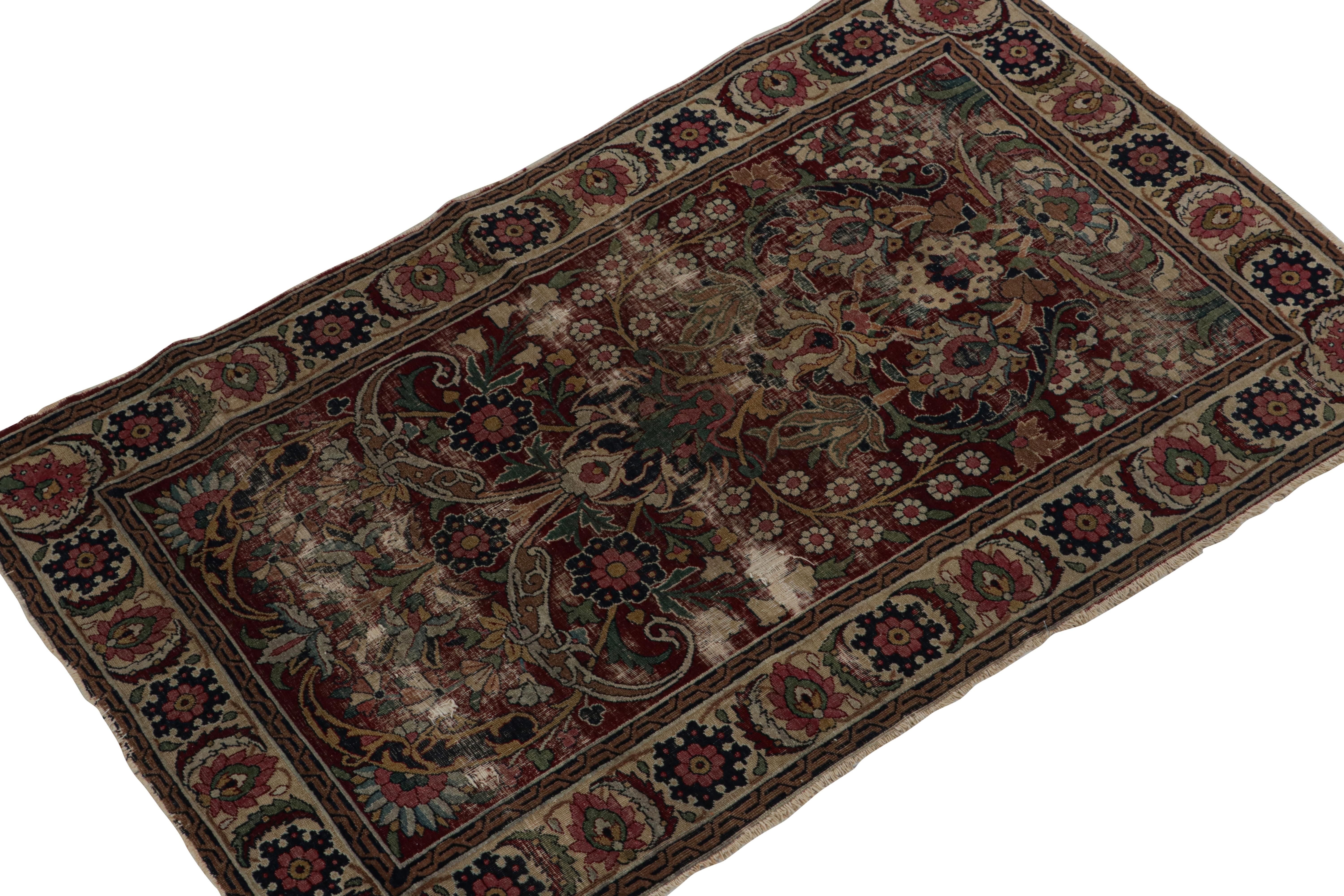 Hand-knotted in wool circa 1890-1900, this 3x4 antique Khorassan rug is a collectible piece from the Persian curations by Rug & Kilim. 

On the Design: 

This scatter rug enjoys a rich burgundy field, and dense floral patterns with especially