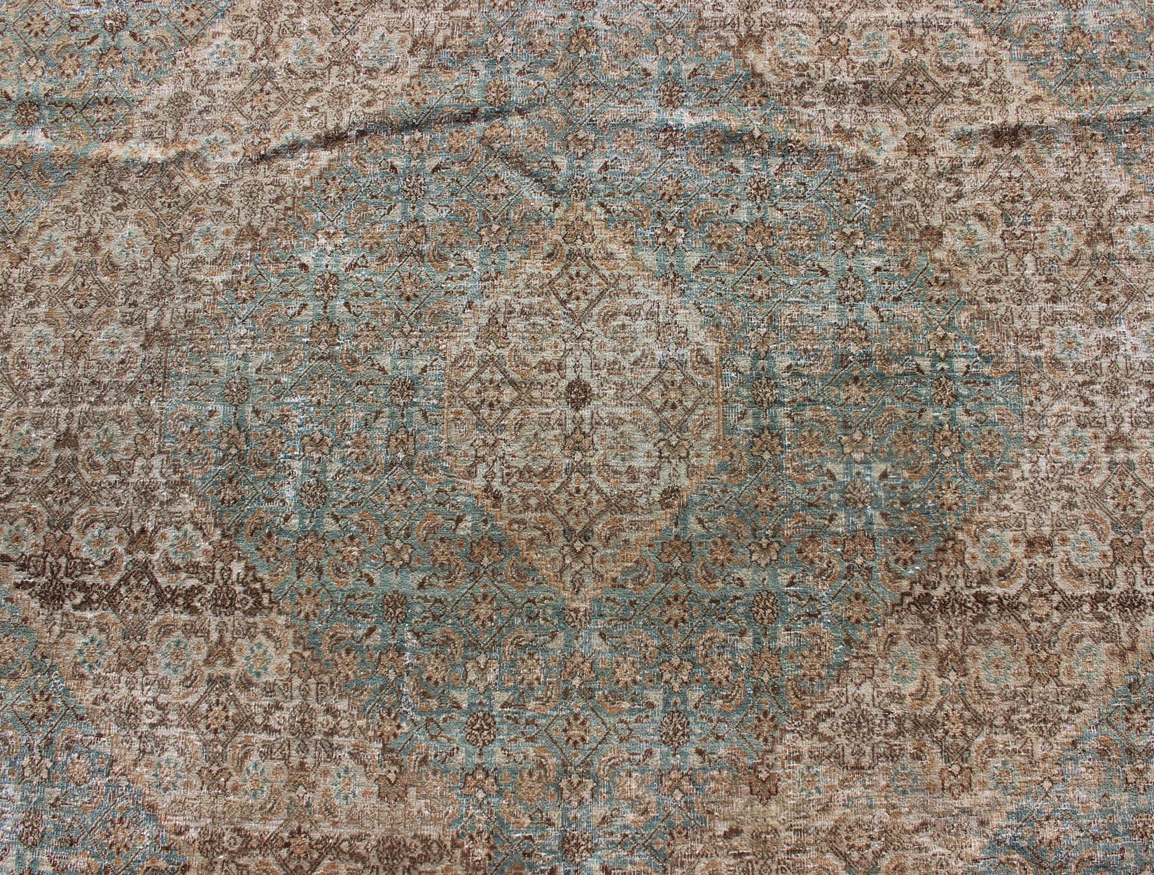 Antique Persian Khorassan Rug with a Geometric Diamond Design in Teal and Brown For Sale 5