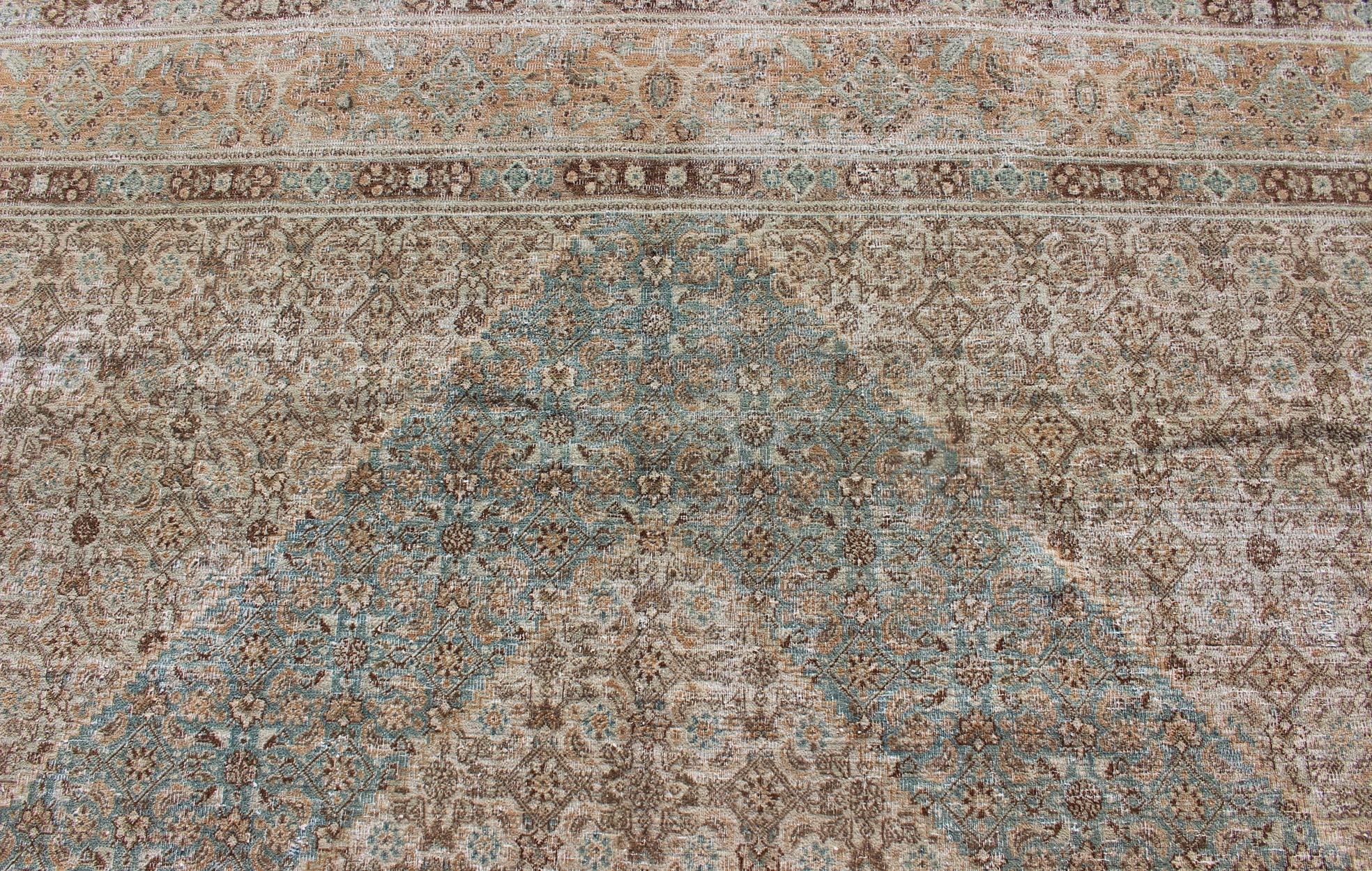 Antique Persian Khorassan Rug with a Geometric Diamond Design in Teal and Brown For Sale 6