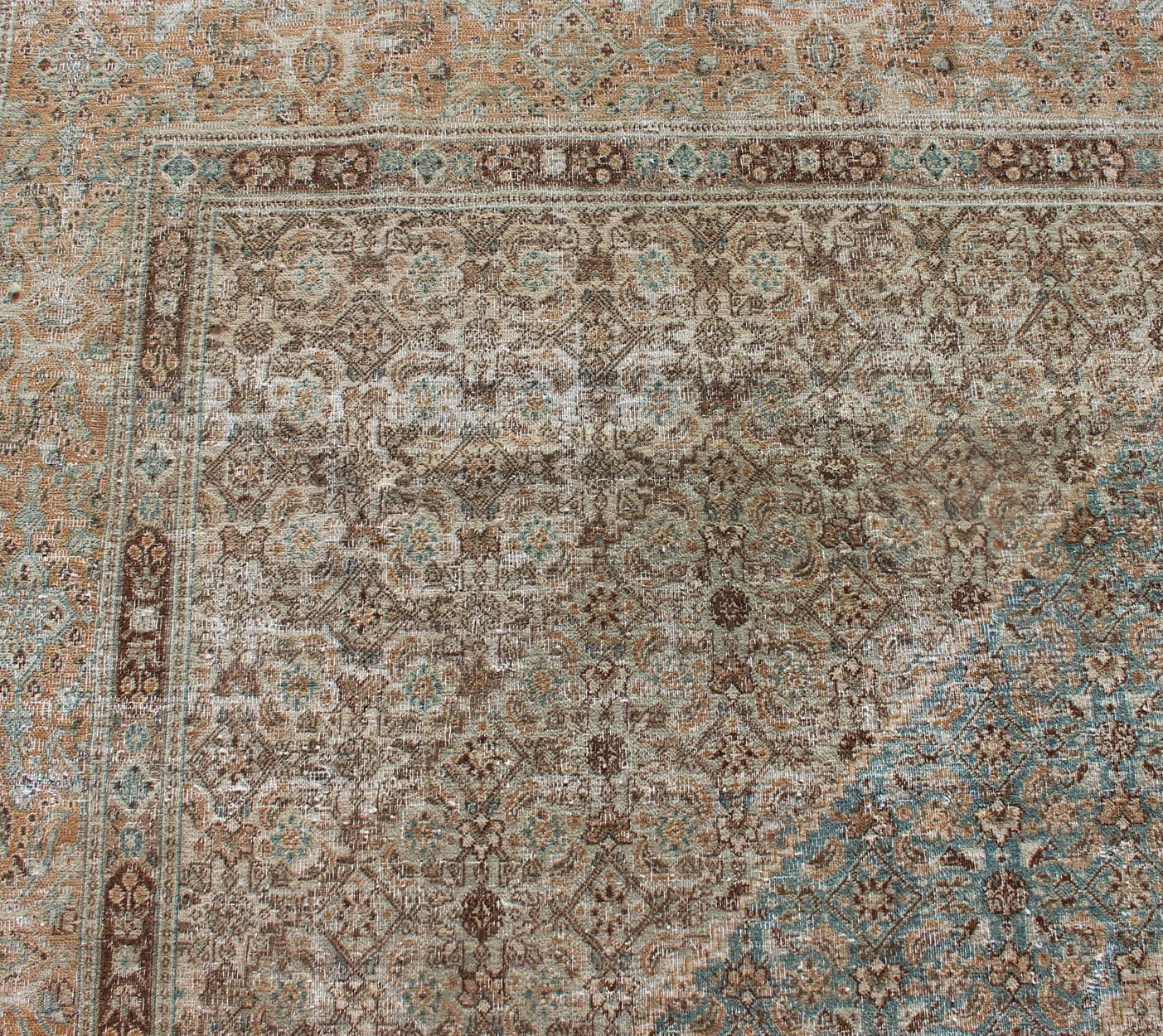 Antique Persian Khorassan Rug with a Geometric Diamond Design in Teal and Brown For Sale 7