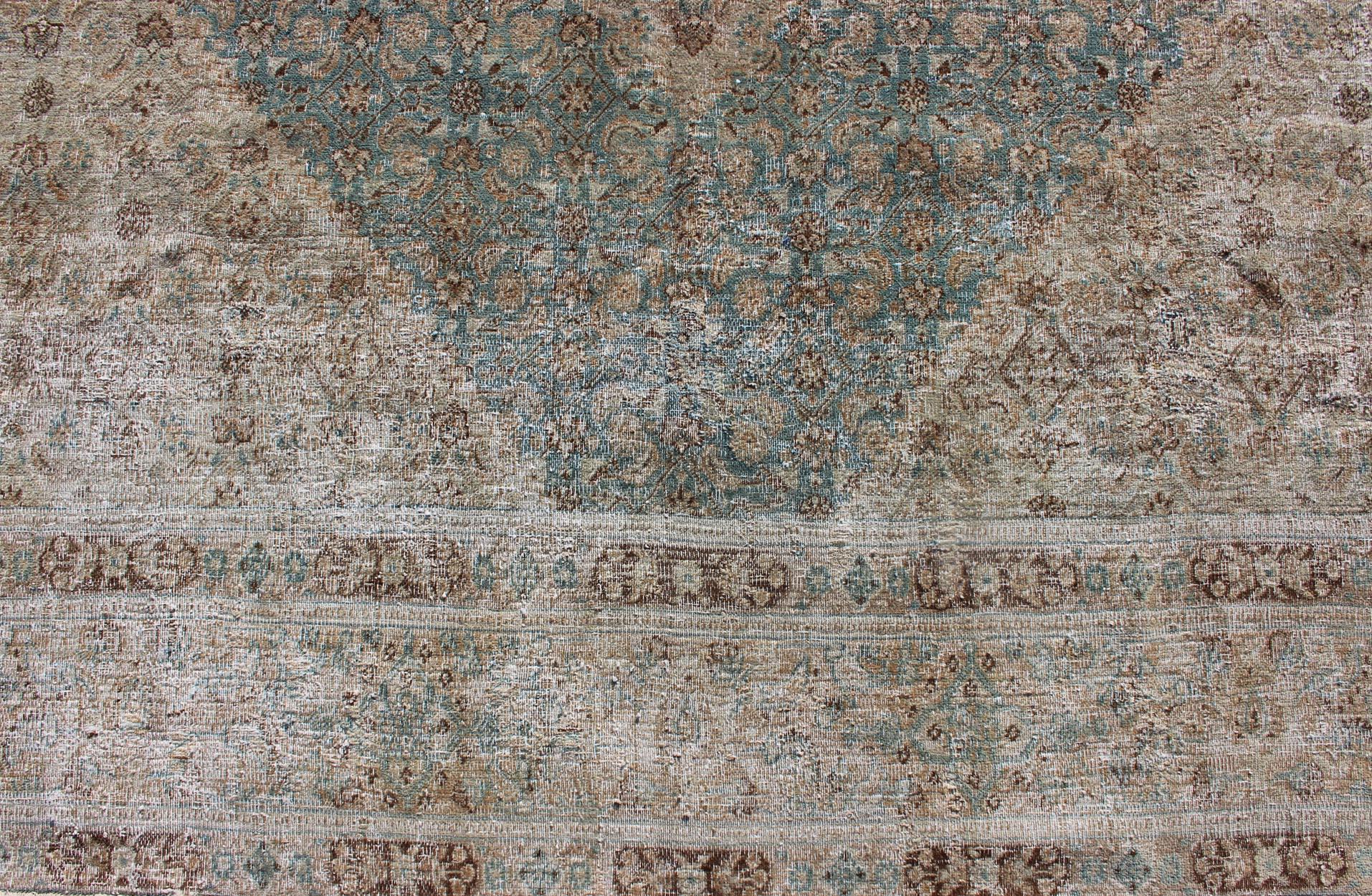 Early 20th Century Antique Persian Khorassan Rug with a Geometric Diamond Design in Teal and Brown For Sale