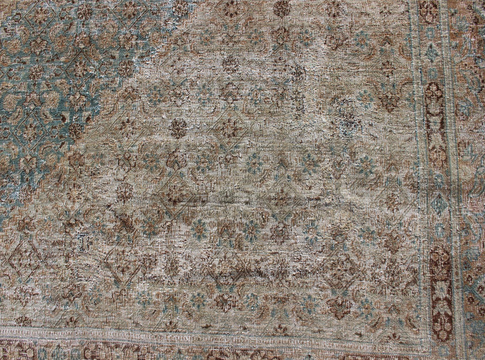Wool Antique Persian Khorassan Rug with a Geometric Diamond Design in Teal and Brown For Sale