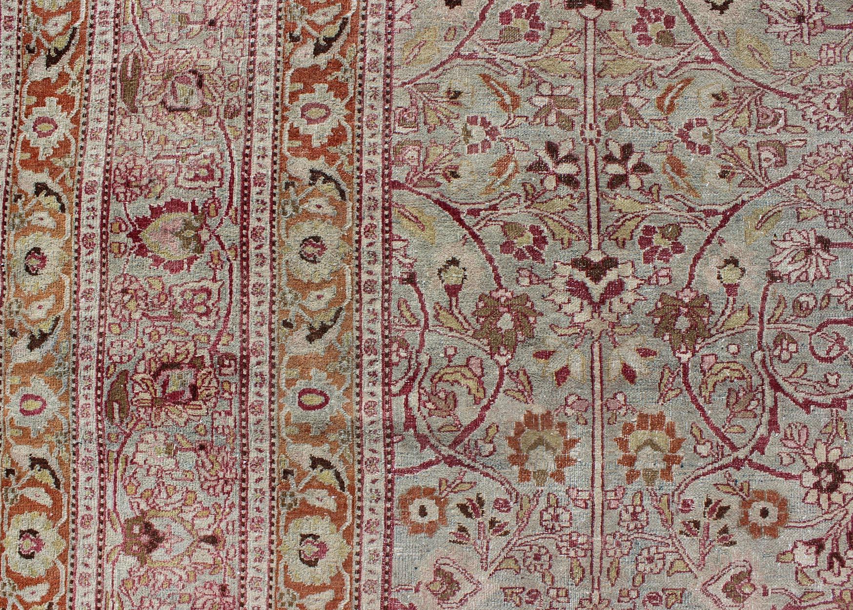 Antique Persian Khorassan Rug with All-Over Floral Design in Orange, Red, Pink For Sale 2
