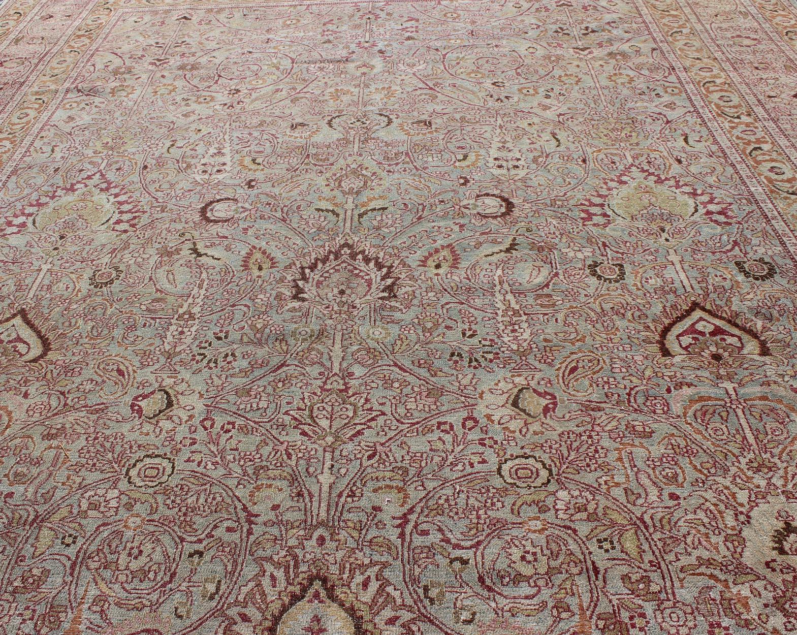 Antique Persian Khorassan Rug with All-Over Floral Design in Orange, Red, Pink For Sale 3